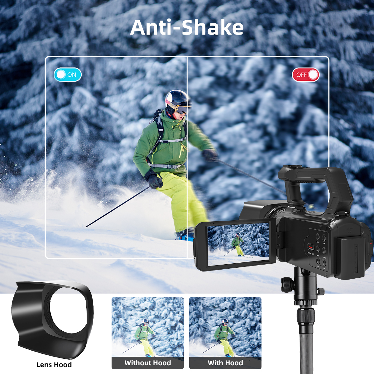 Skifahrer, geteilter Bildschirm, mit und ohne Objektiv. Kamera und Text: Anti-Shake, ein/aus.