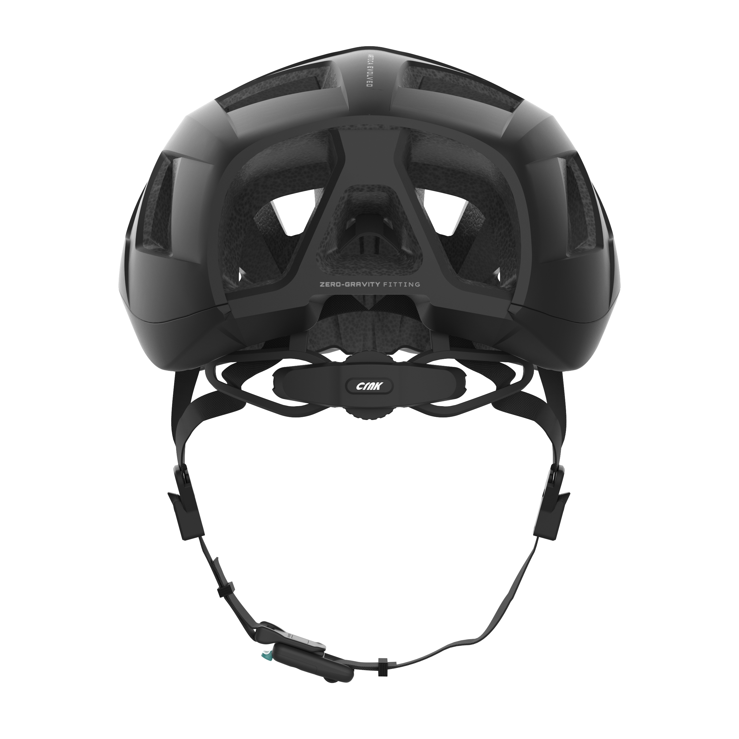 Schwarzer Fahrradhelm mit Belüftungsöffnungen, Riemen und Kinnriemen, von vorne gesehen.