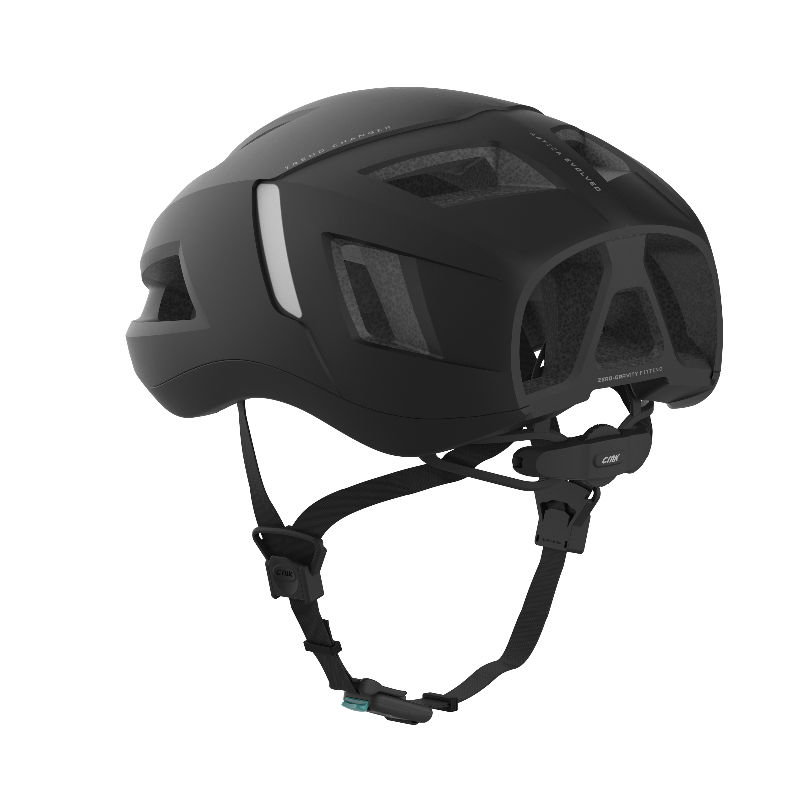 Schwarzer Fahrradhelm mit Belüftungsöffnungen und Riemen. Vorne ein weißes Panel.
