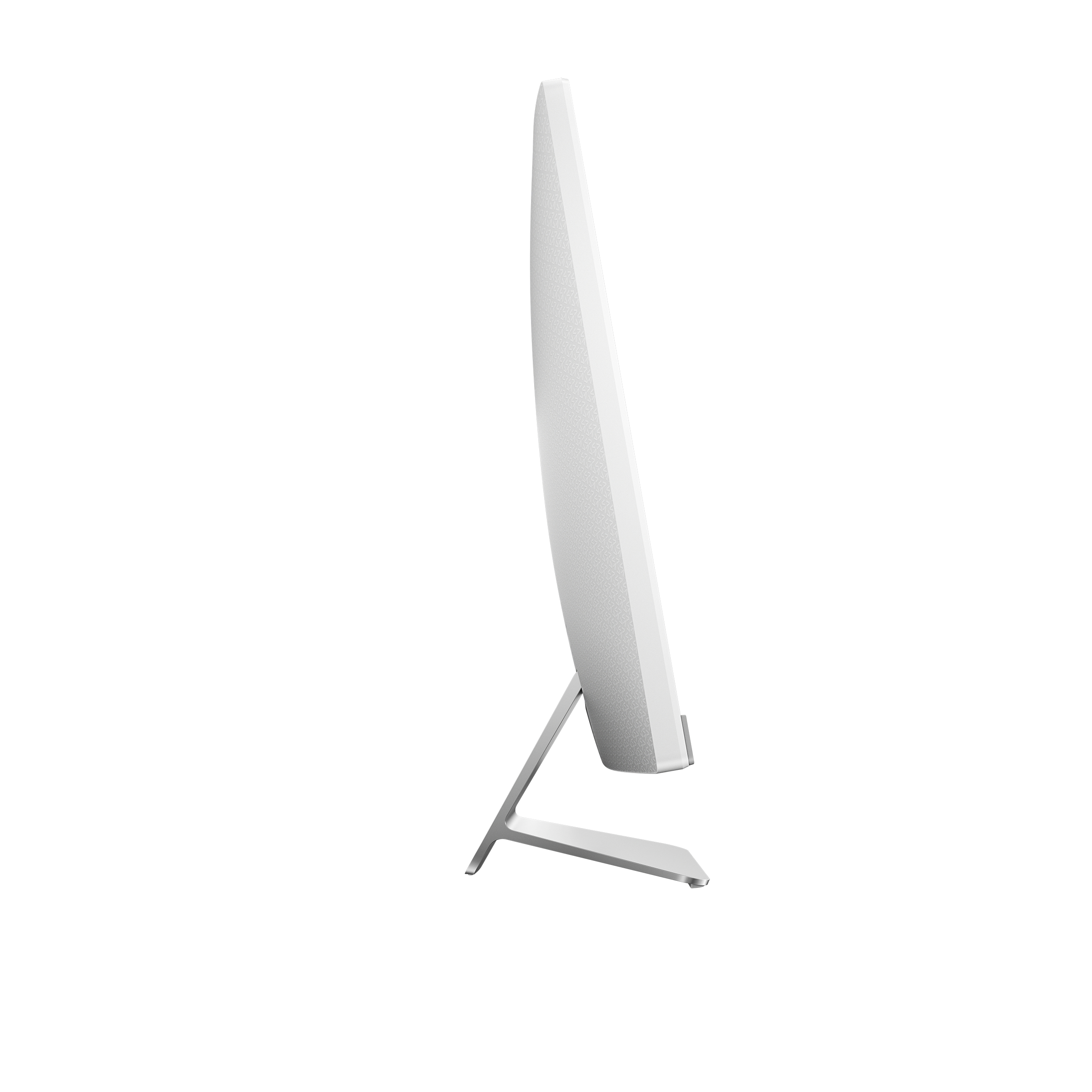 Vista laterale di un monitor di computer bianco curvo su un supporto argentato, isolato su bianco.