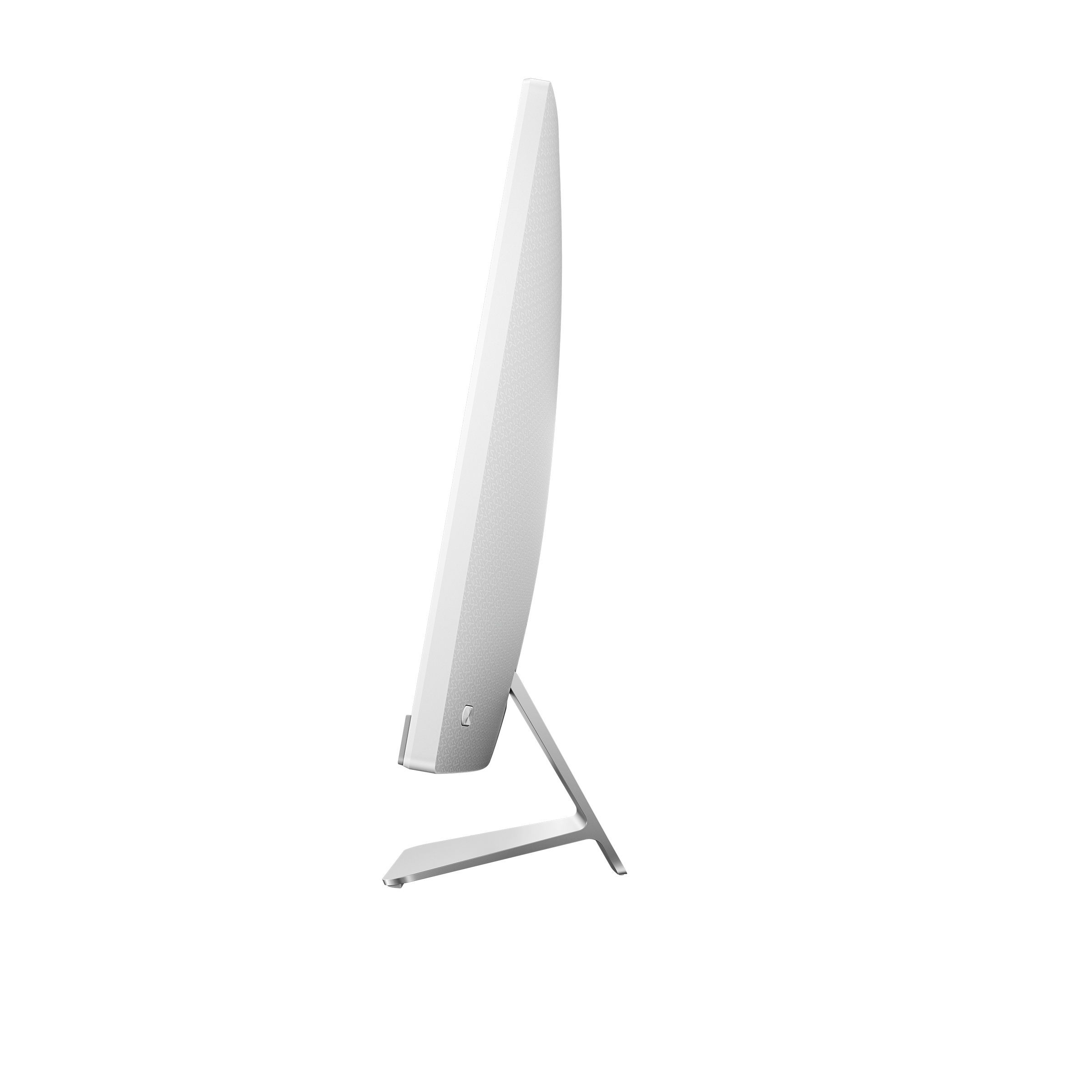 Un monitor per computer all-in-one bianco, vista laterale, su sfondo bianco, con supporto argento.