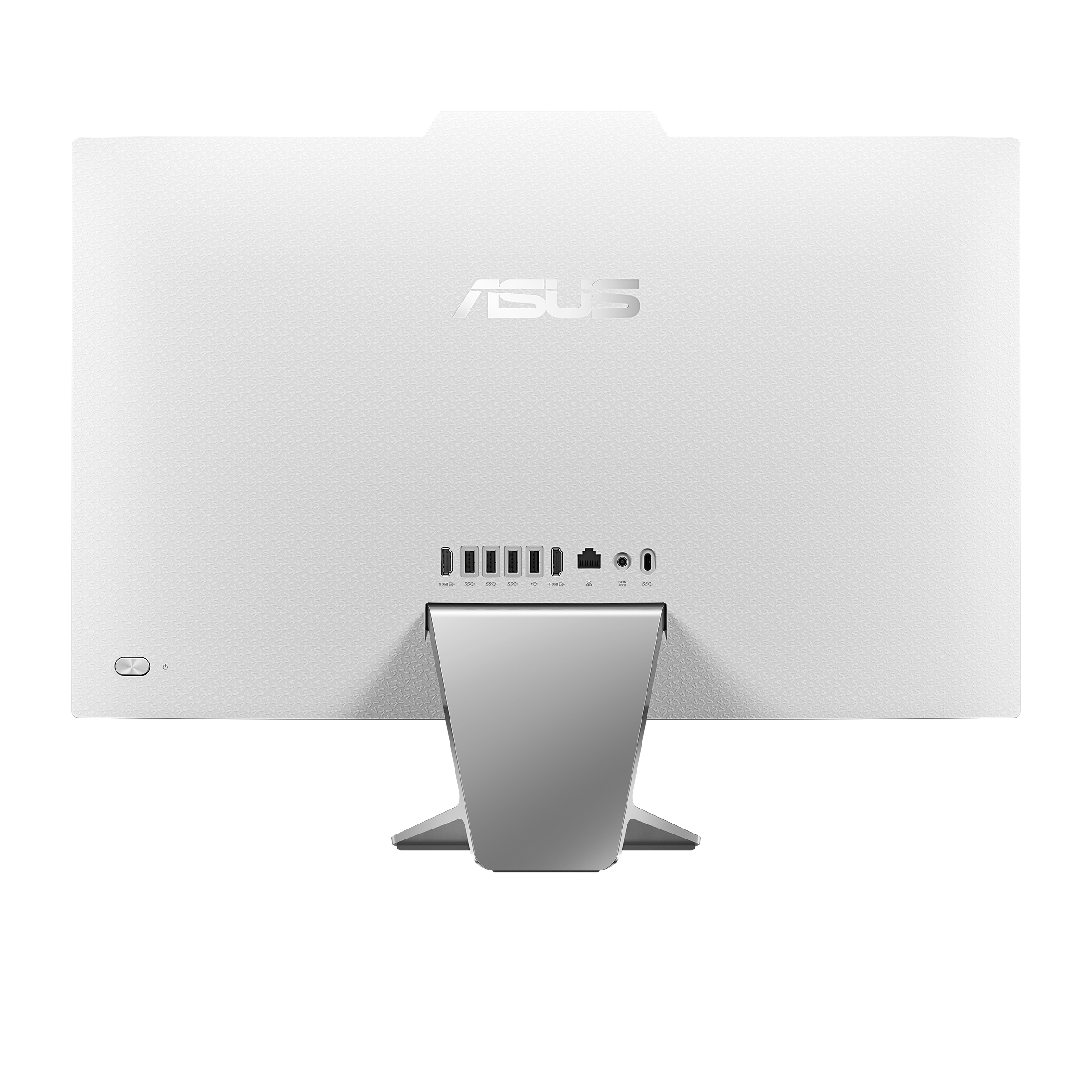Il retro di un computer all-in-one bianco con il logo ASUS e le porte, e un supporto argento.