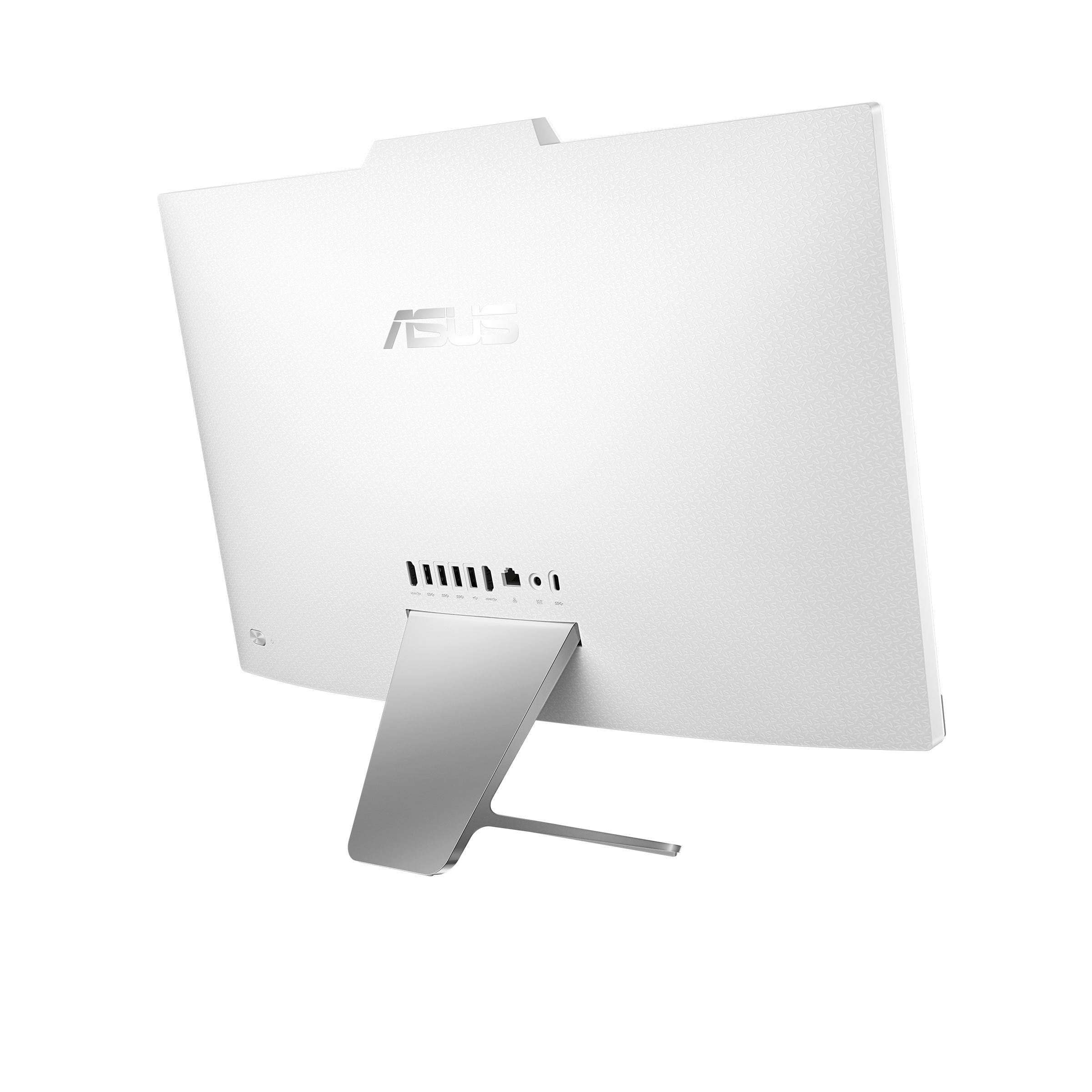 PC all-in-one ASUS bianco. Vista posteriore con porte e supporto visibili.