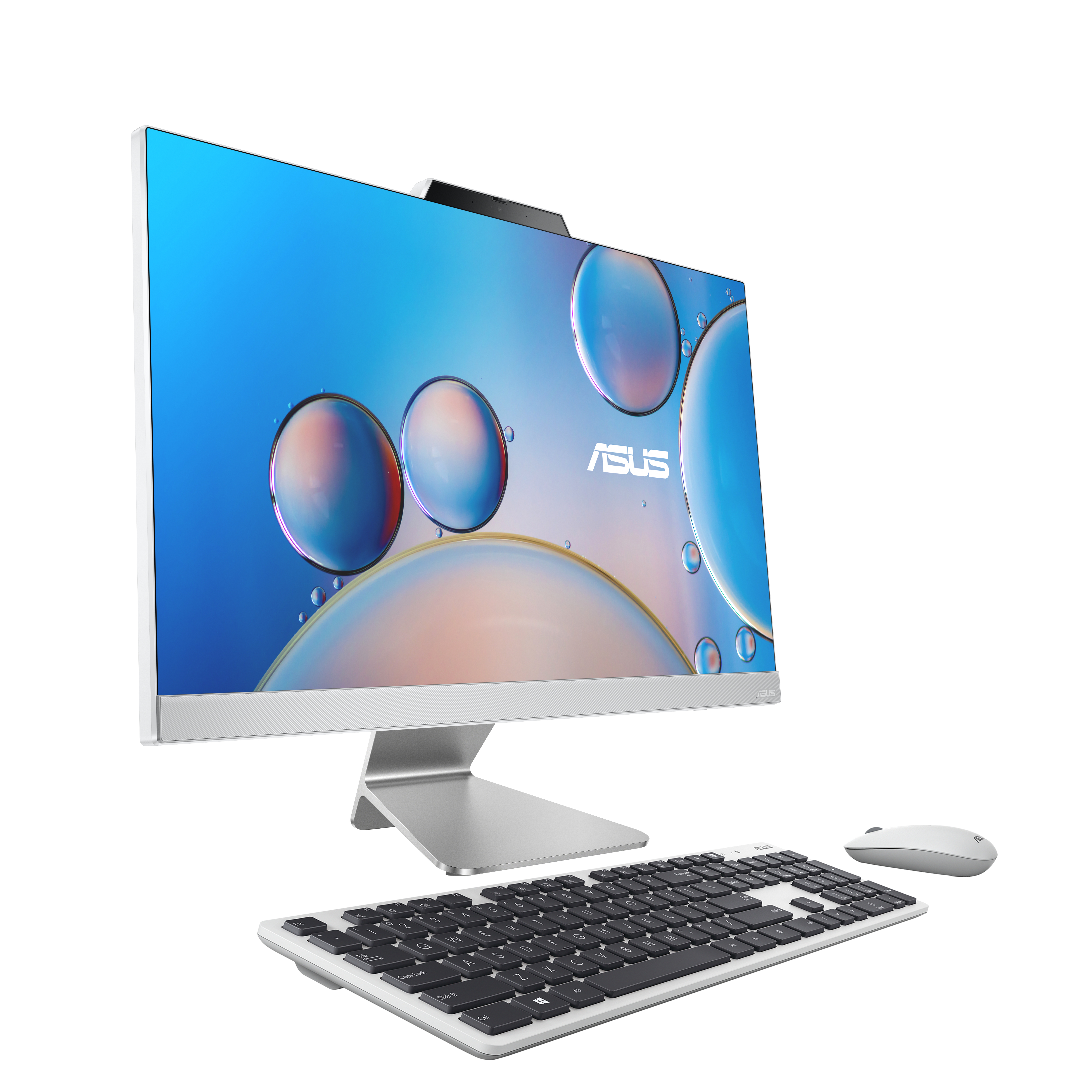 Computadora Asus todo en uno con pantalla curva, teclado y ratón, fondo blanco.