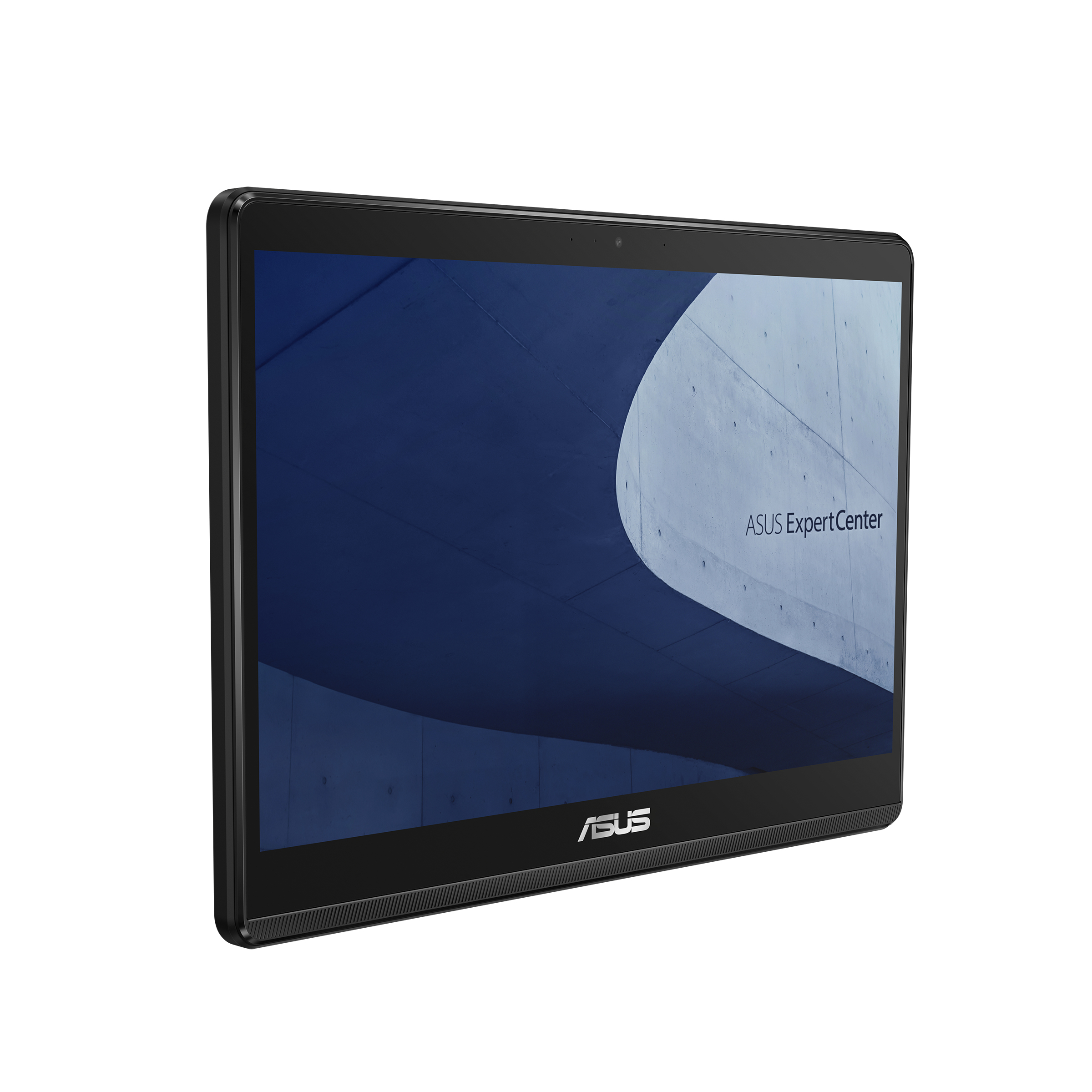 Czarny tablet ASUS ExpertCenter, widok pod kątem, pokazujący ekran z niebiesko-białą grafiką.