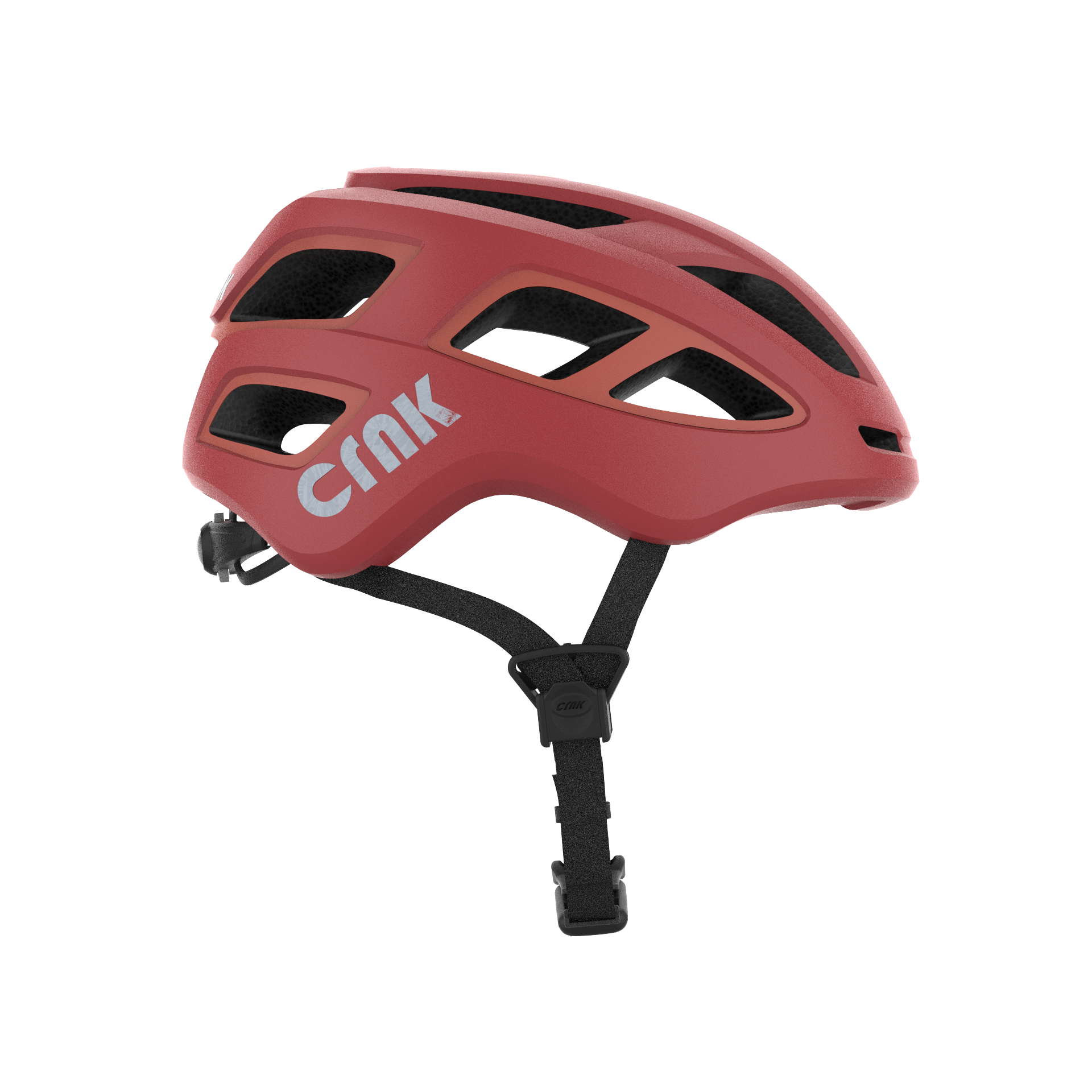 Roter Fahrradhelm mit weißem Logo an der Seite, schwarze Riemen. Schwarzer Hintergrund.