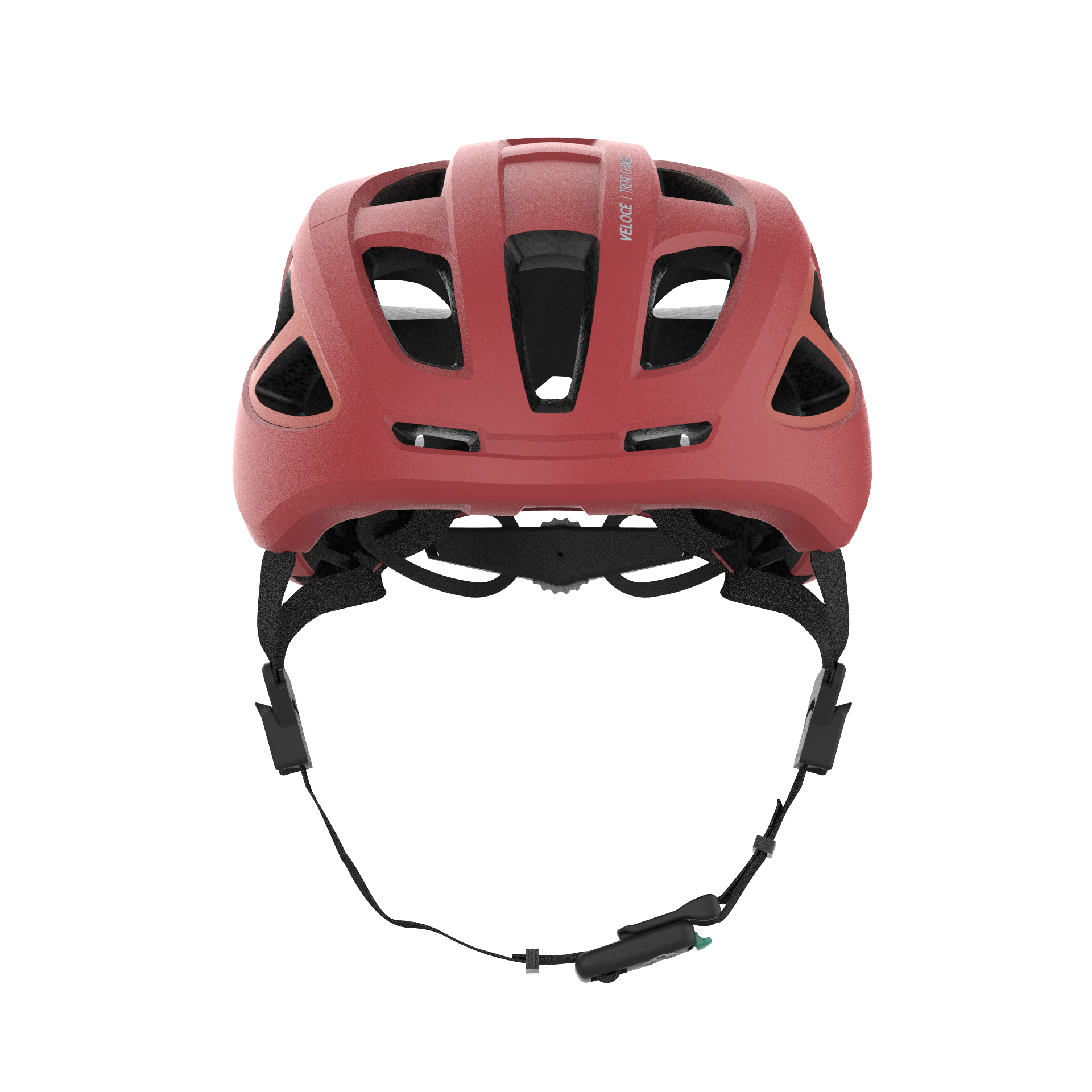 Ein roter Fahrradhelm mit schwarzen Riemen, platziert auf dunklem Hintergrund.