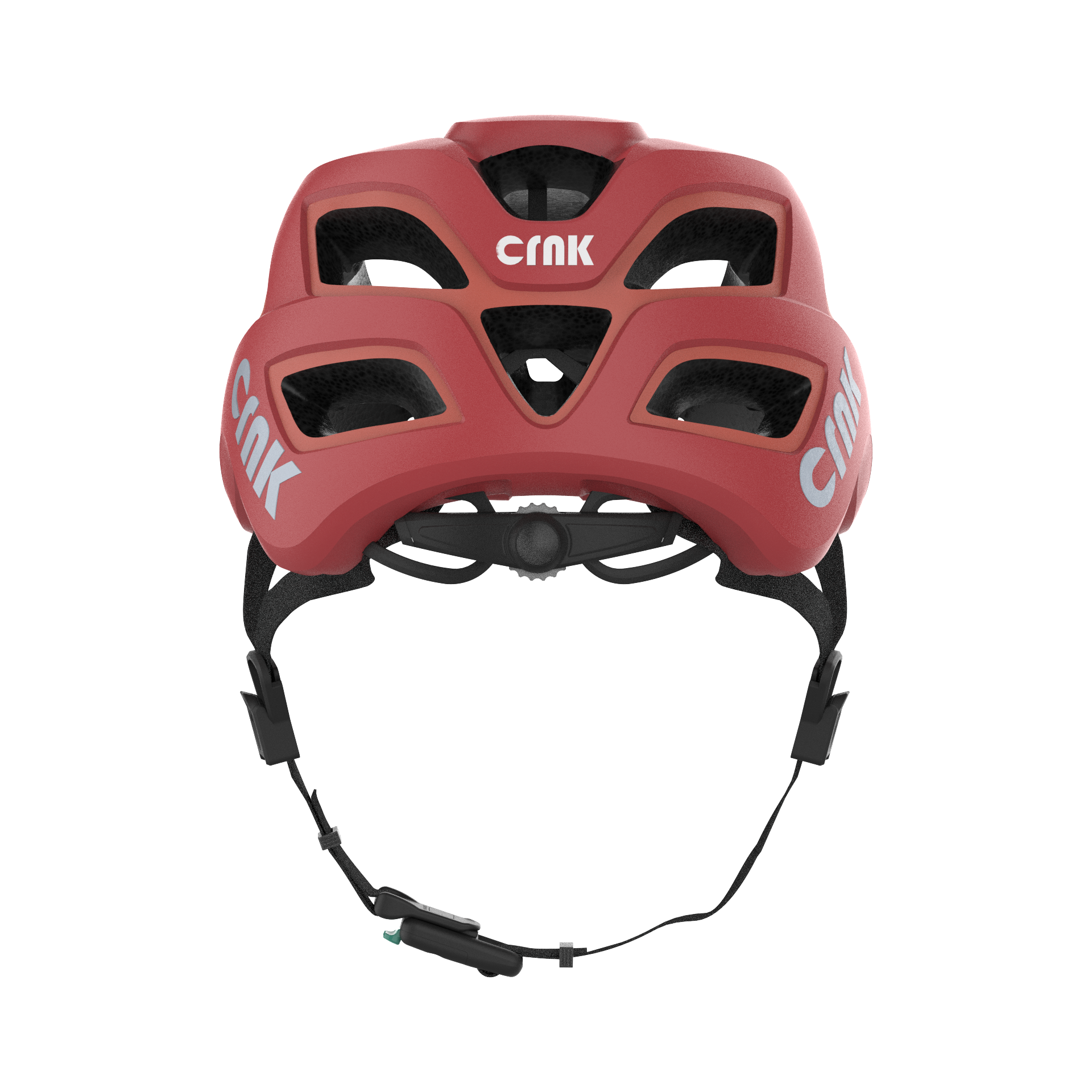 Roter Fahrradhelm, Draufsicht. Auf dem Helm steht der Markenname 'crnk'.