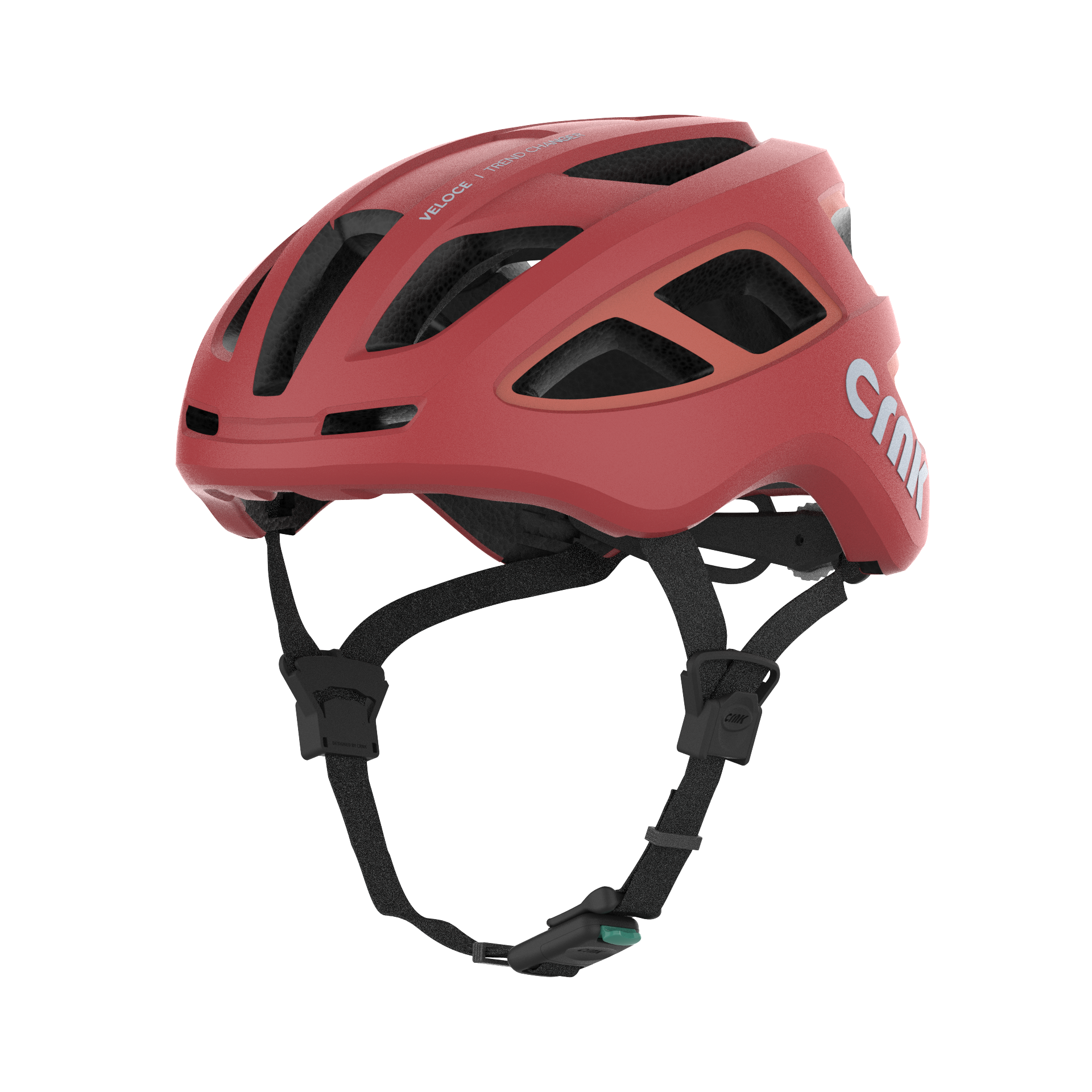 Roter Fahrradhelm mit dem Wort "Crnk" an der Seite, auf schwarzem Hintergrund.