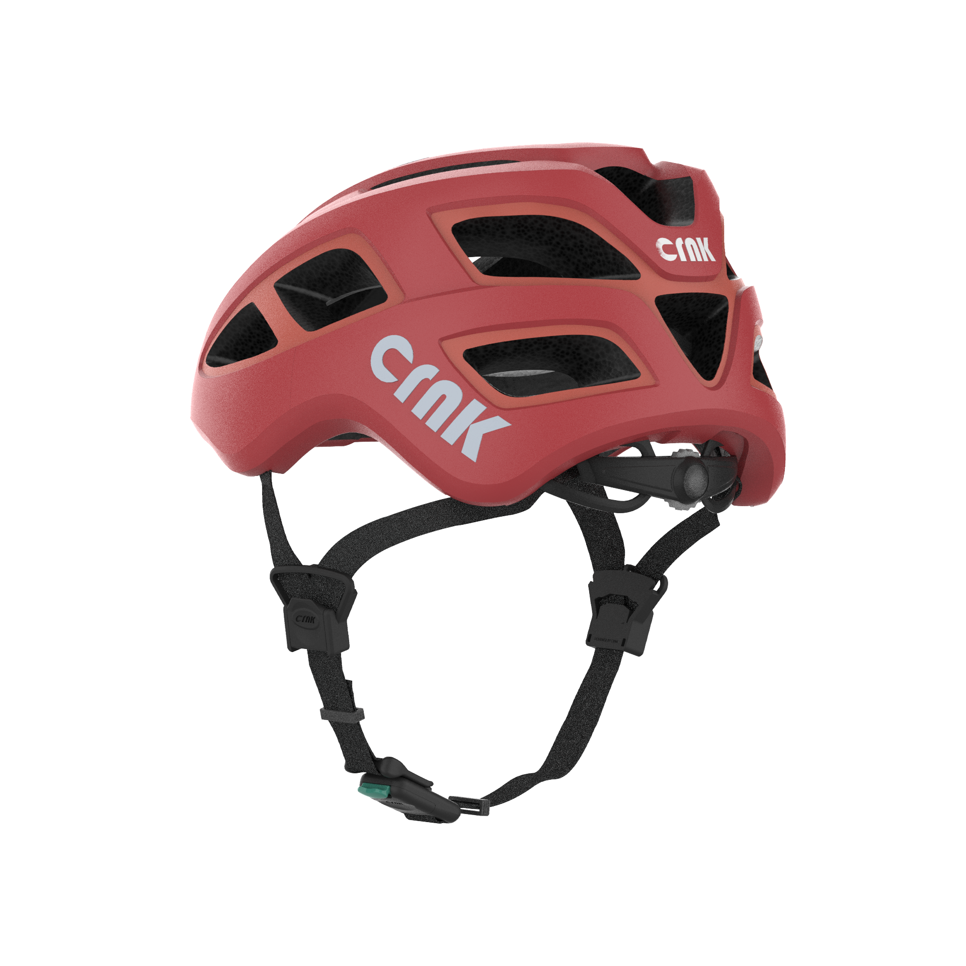 Roter Fahrradhelm mit weißem Logo auf schwarzem Hintergrund.