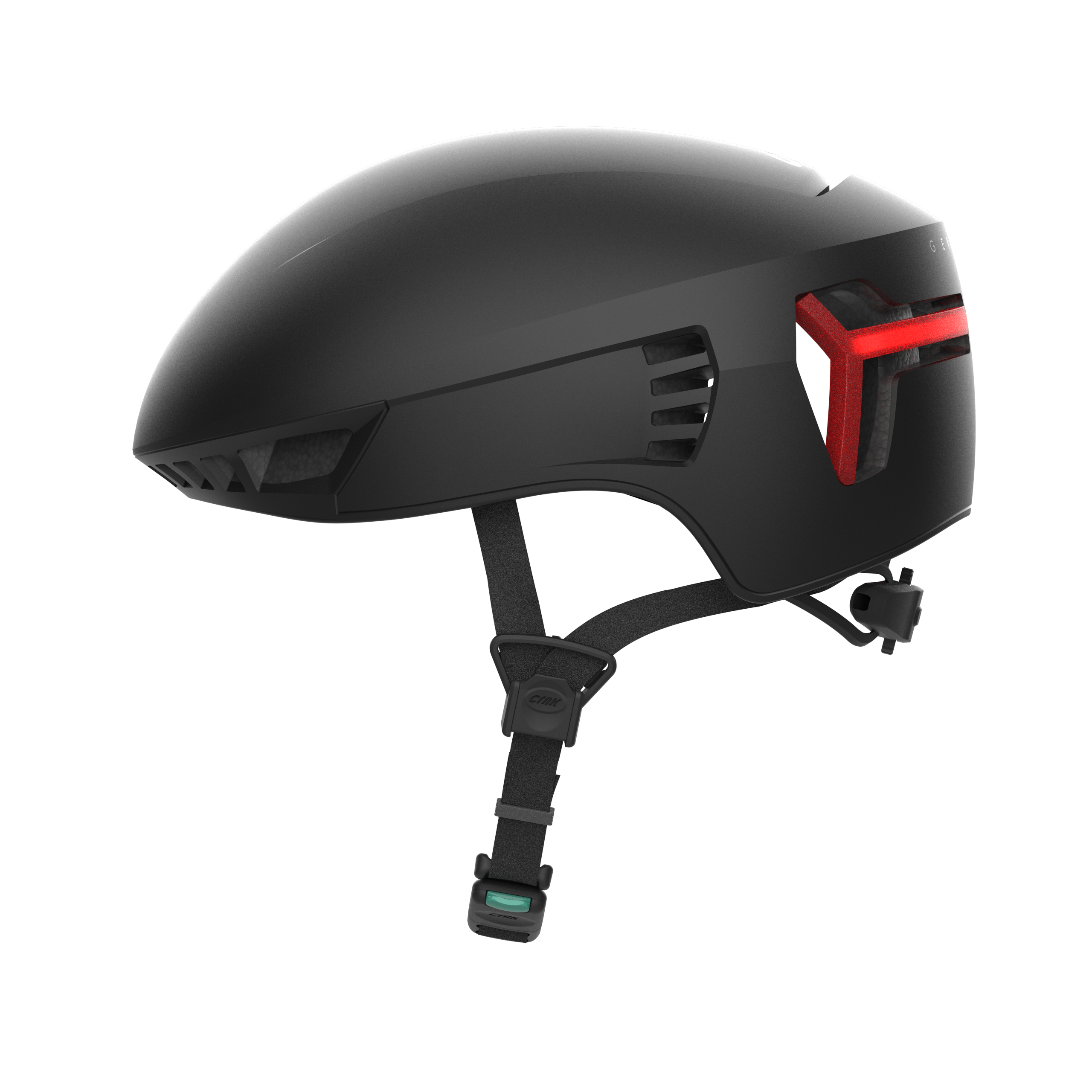Schwarzer Fahrradhelm mit rotem Licht hinten und Riemen. Er ist auf weißem Hintergrund.