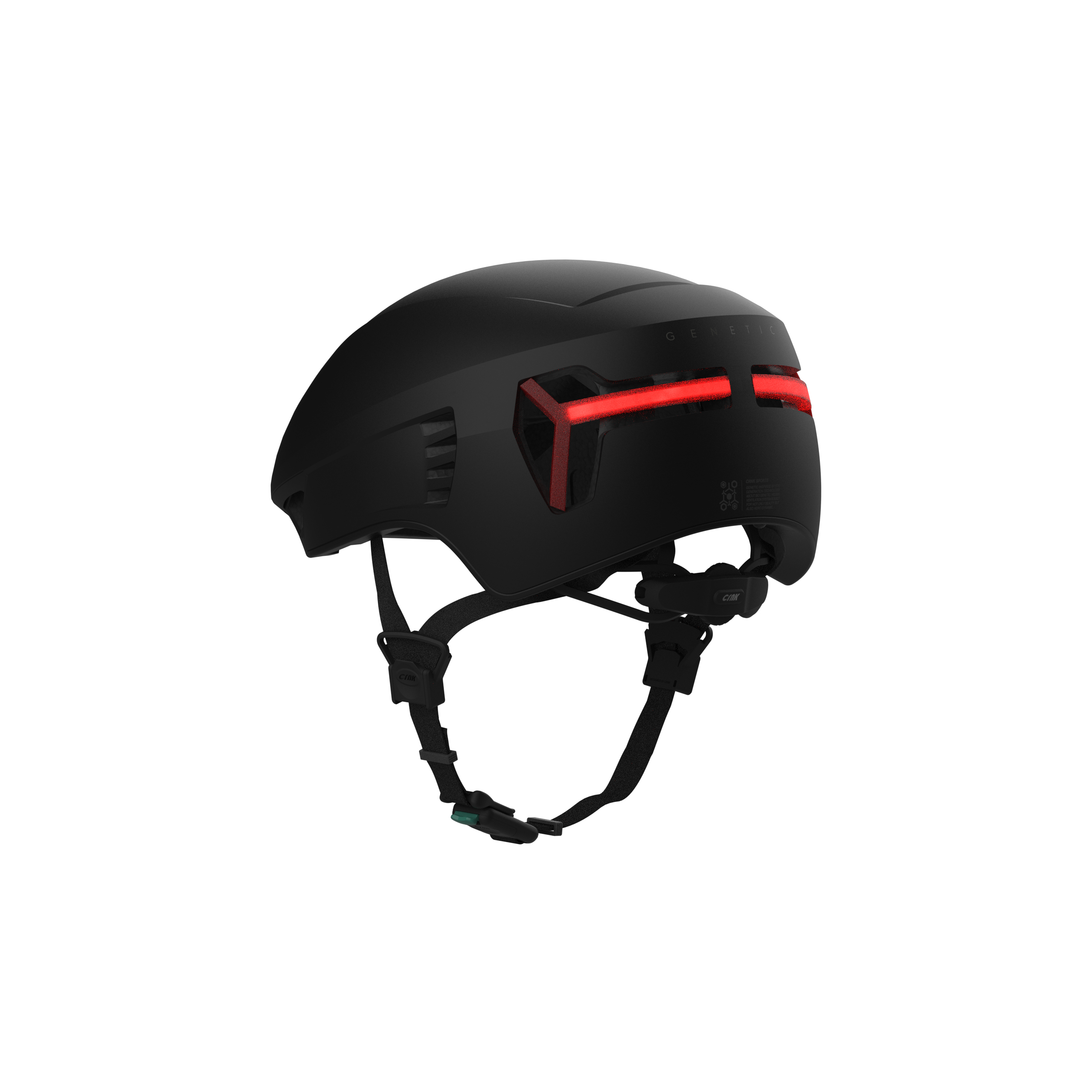Ein schwarzer Fahrradhelm mit rotem Lichtstreifen hinten. Der Helm hat Riemen und eine Schnalle.