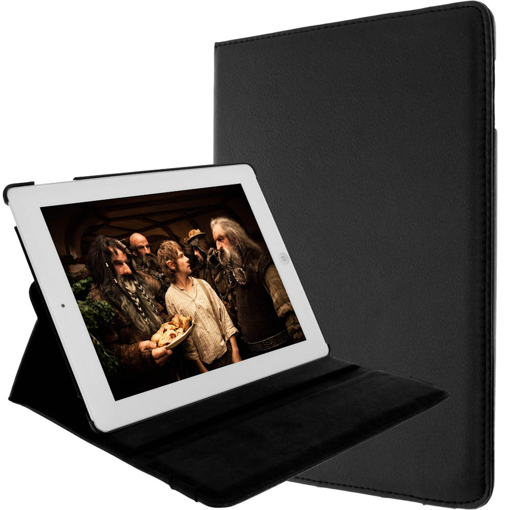 Tablet in una custodia nera con una scena di un film visualizzata sullo schermo.