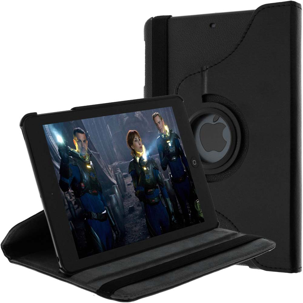 iPad nero in una custodia, che mostra una scena di un film con attori in un ambiente futuristico.