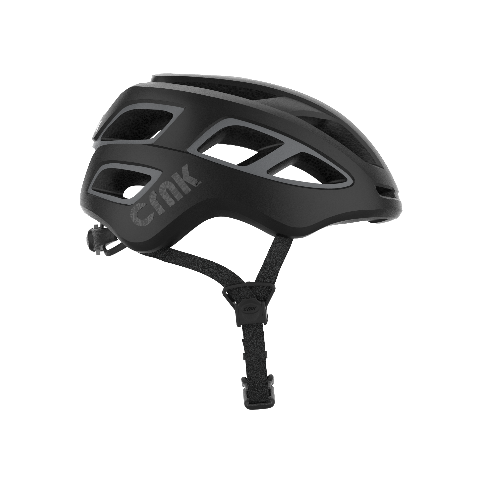 Schwarzer Fahrradhelm. Der Markenname ist grau auf der Seite aufgedruckt. Der Hintergrund ist schwarz.