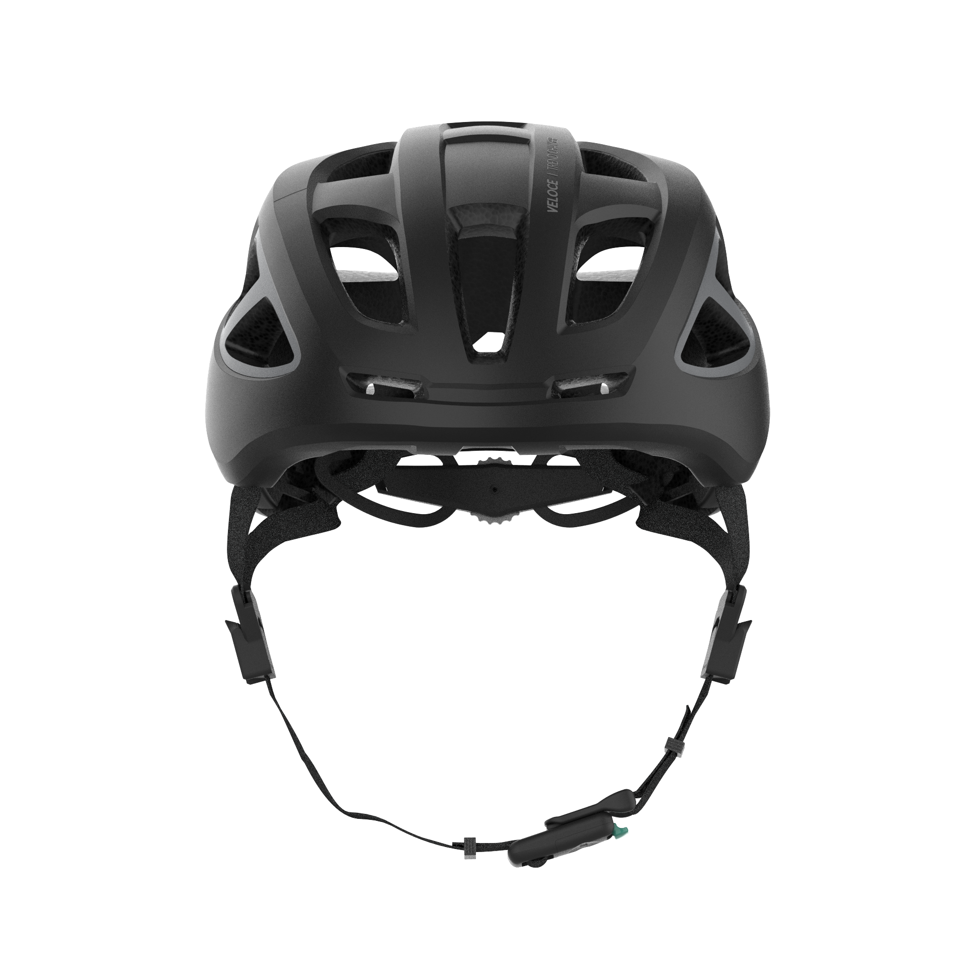 Schwarzer Fahrradhelm. Er hat reflektierende Streifen und einen Riemen.