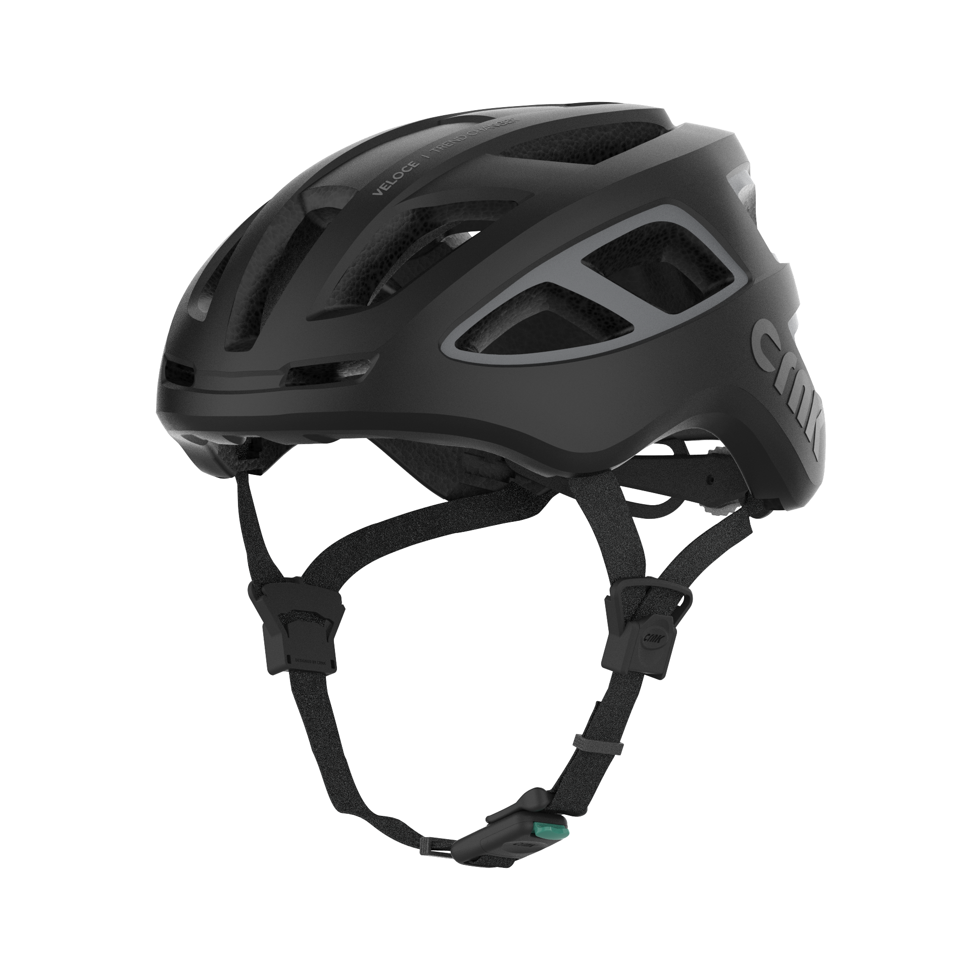 Schwarzer Fahrradhelm mit Riemen. Der Helm befindet sich auf schwarzem Hintergrund.