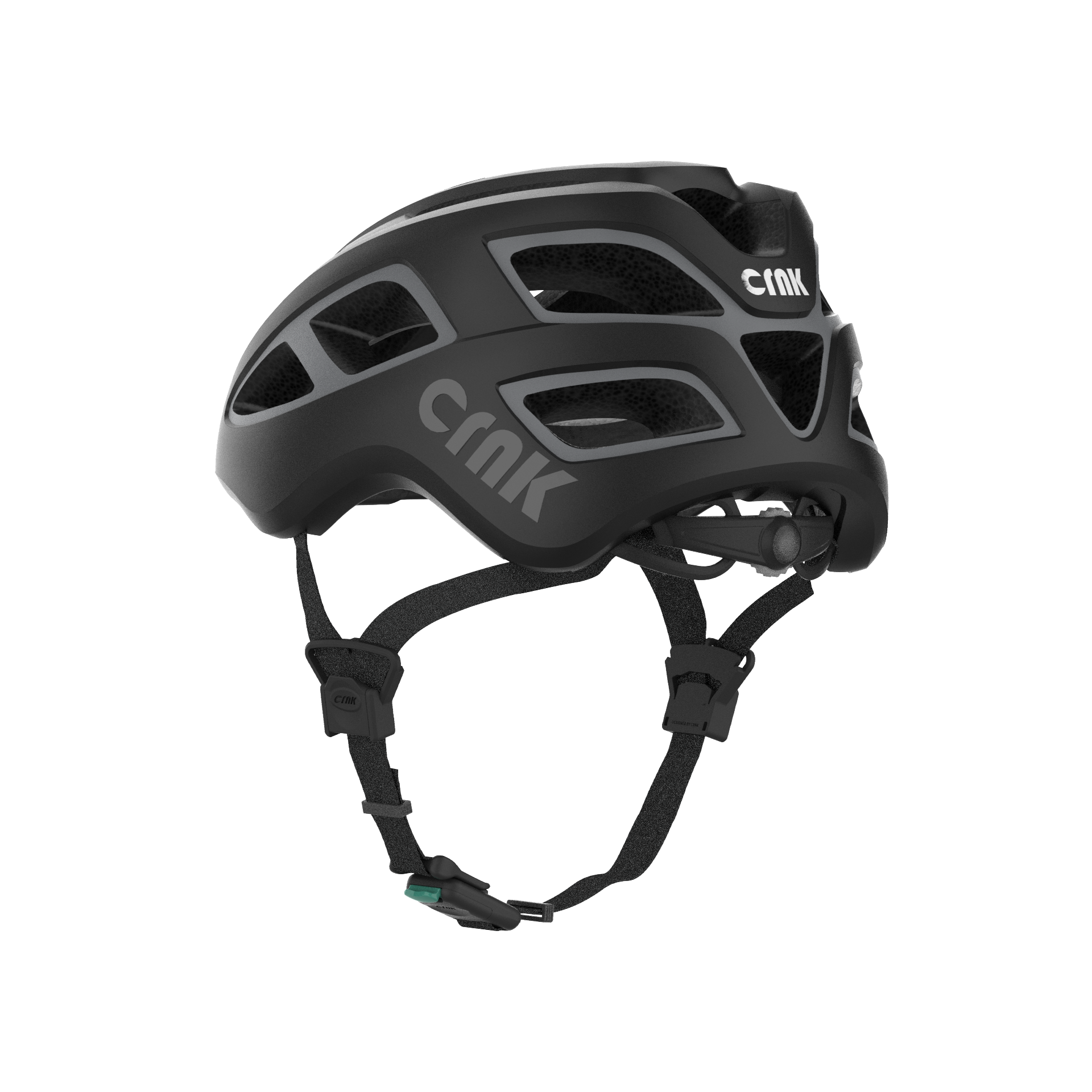 Schwarzer Fahrradhelm mit Belüftungslöchern und Markenname an der Seite.