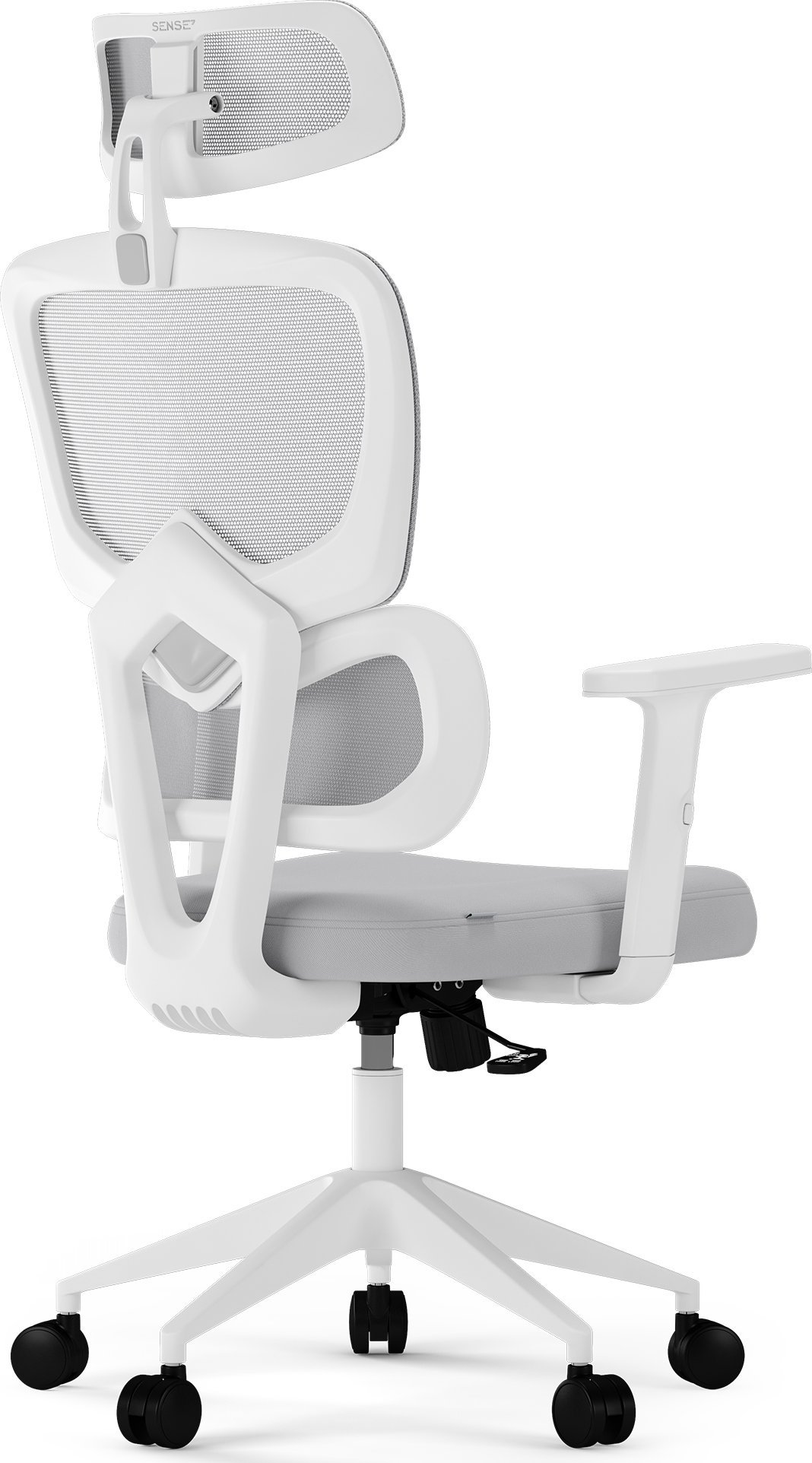 Weißer und grauer ergonomischer Bürostuhl. Netzrücken und Kopfstütze.