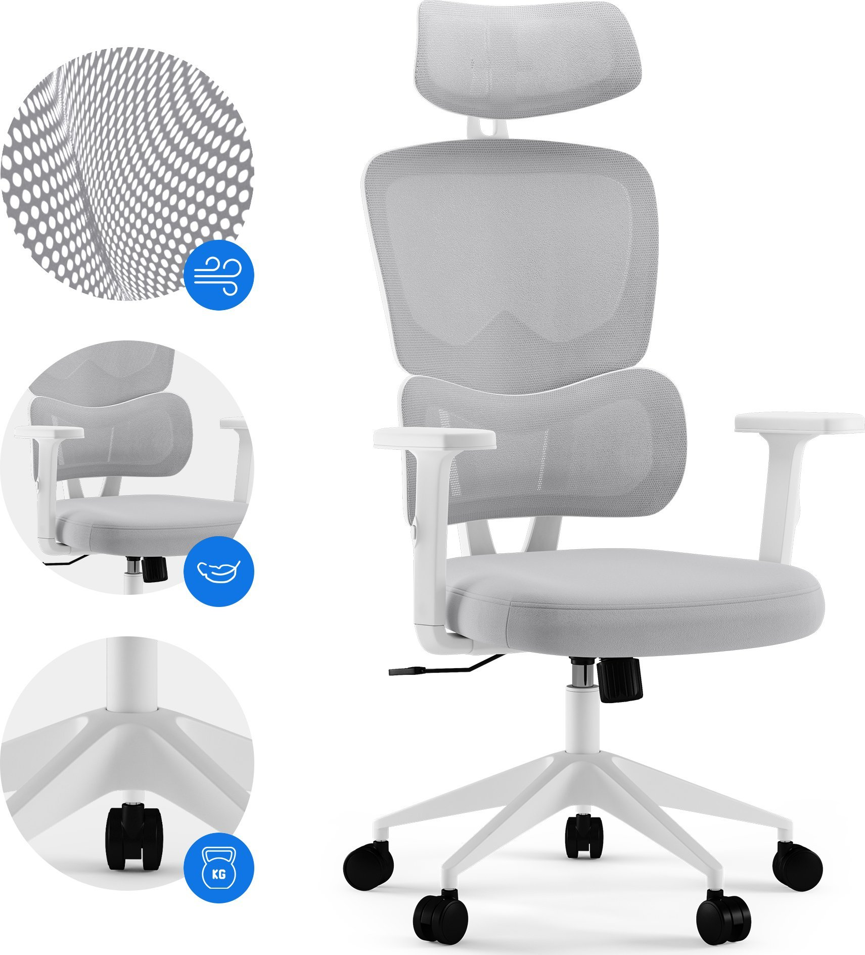 Weißer ergonomischer Bürostuhl. Details des Stuhls: Rücken, Sitz und Räder sind sichtbar.