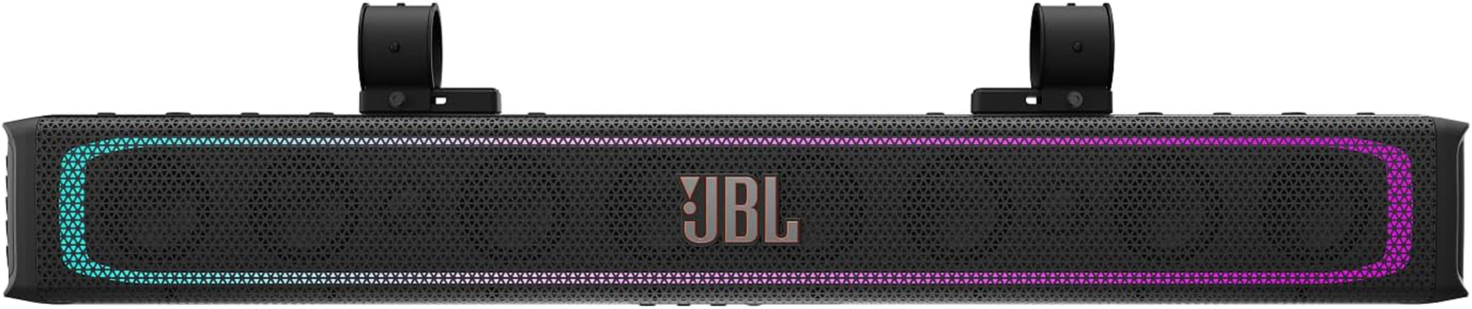 Eine schwarze JBL-Soundbar mit RGB-Beleuchtung. Zwei schwarze Halterungen befinden sich oben.