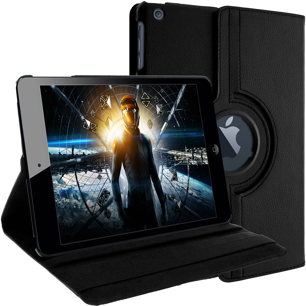 iPad nero in custodia in pelle nera, mostra un'immagine futuristica di un astronauta sullo schermo.