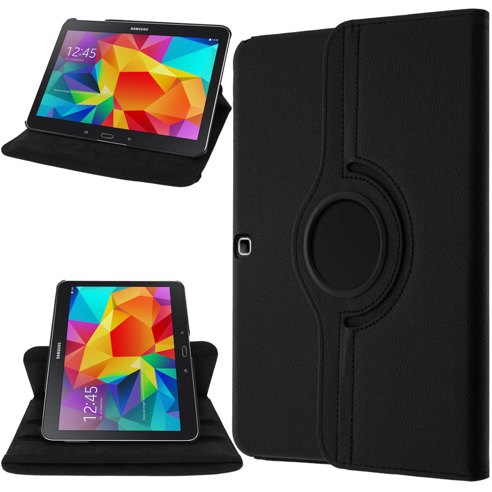 Un tablet nero in una custodia, mostrato da più angolazioni, e una custodia nera.