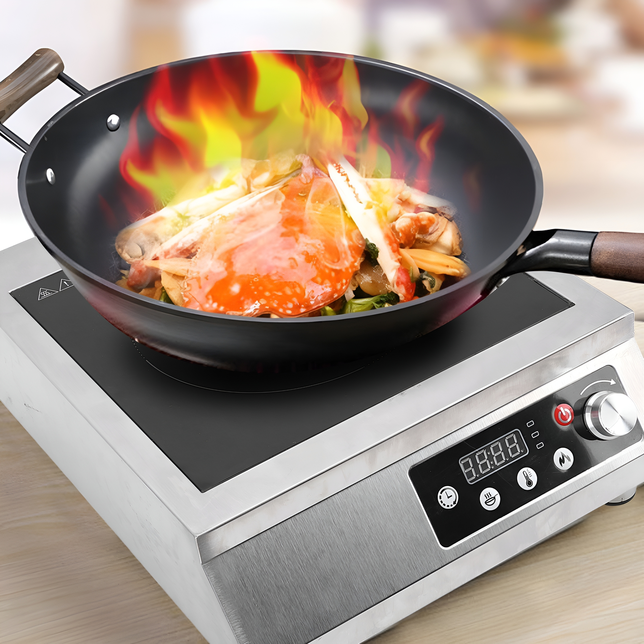 Ein Wok mit Essen, das auf einem Induktionsherd kocht. Das Essen hat Flammen und Krabben.