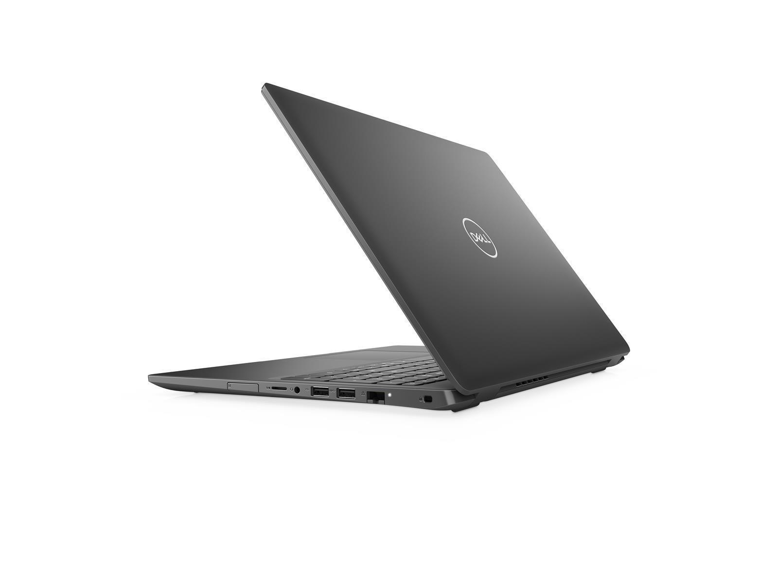 Schwarzer Dell-Laptop, teilweise geöffnet, mit Tastatur und Anschlüssen, auf weißem Grund.