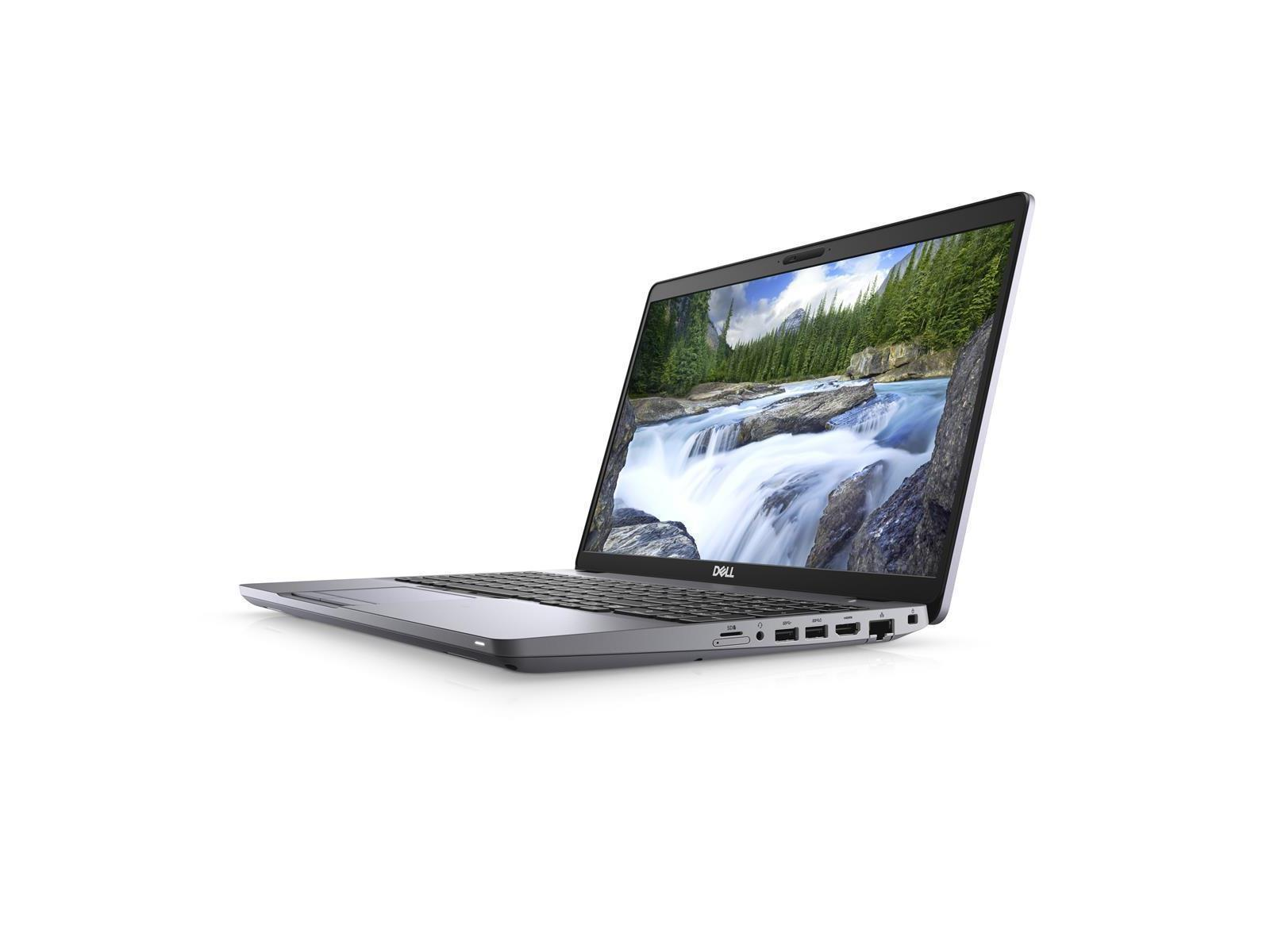 Ein Dell-Laptop auf weißem Hintergrund, zeigt den Bildschirm mit einer Wasserfallszene.