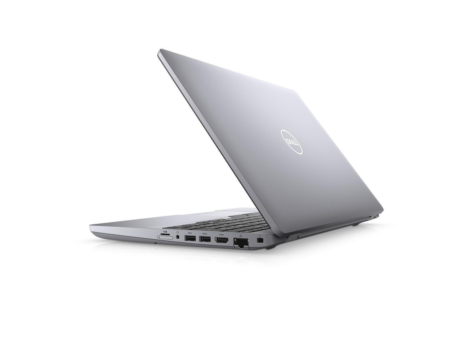 Die Rückseite eines grauen Laptops liegt auf einer weißen Oberfläche. Die Anschlüsse sind gut sichtbar. Der Laptop ist leicht geöffnet.