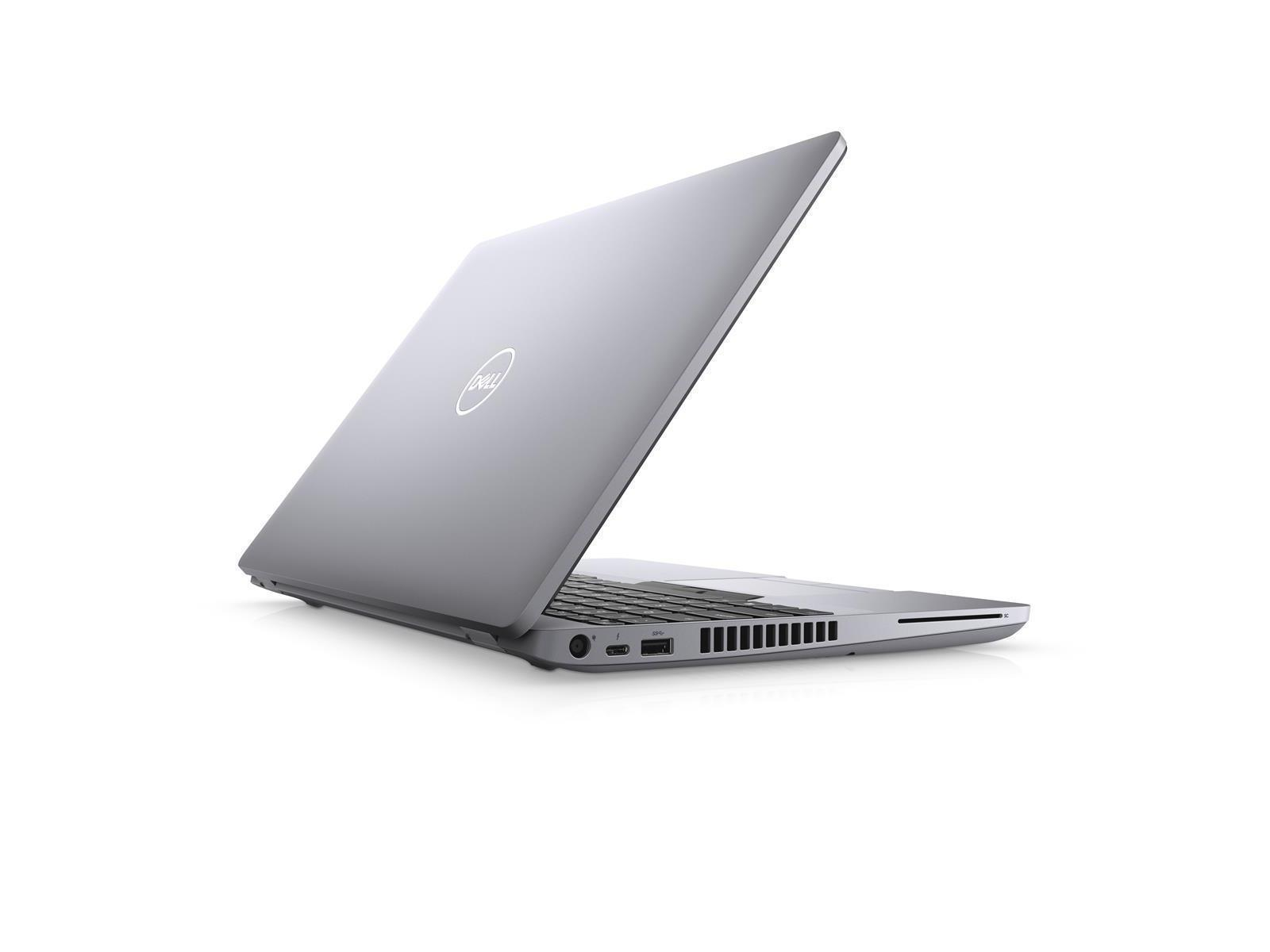 Ein silberner Dell Laptop, geöffnet und angewinkelt. Das Dell-Logo ist auf dem Deckel sichtbar.