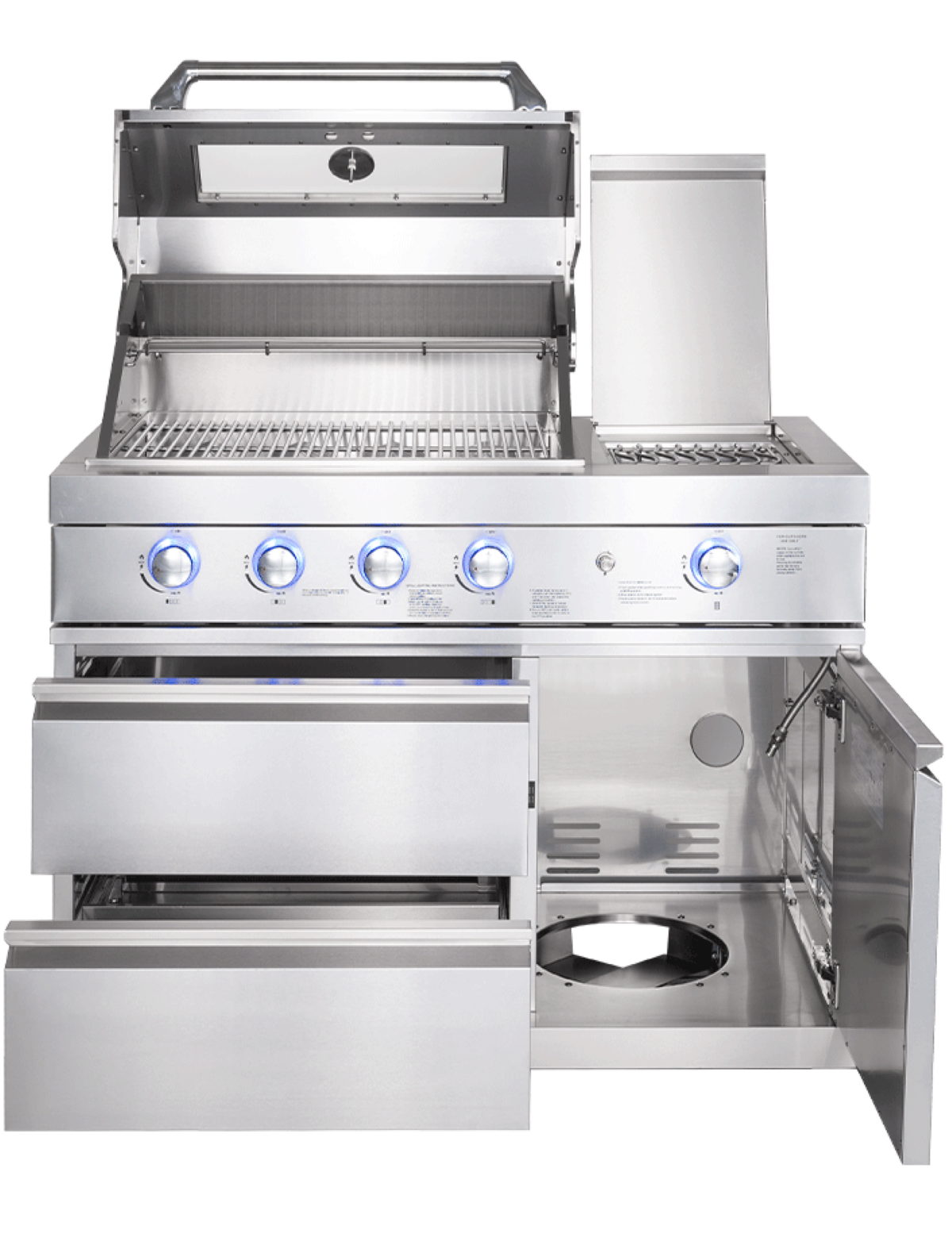 Edelstahl-Außengrill mit mehreren Brennern, Schubladen und offenen Türen.