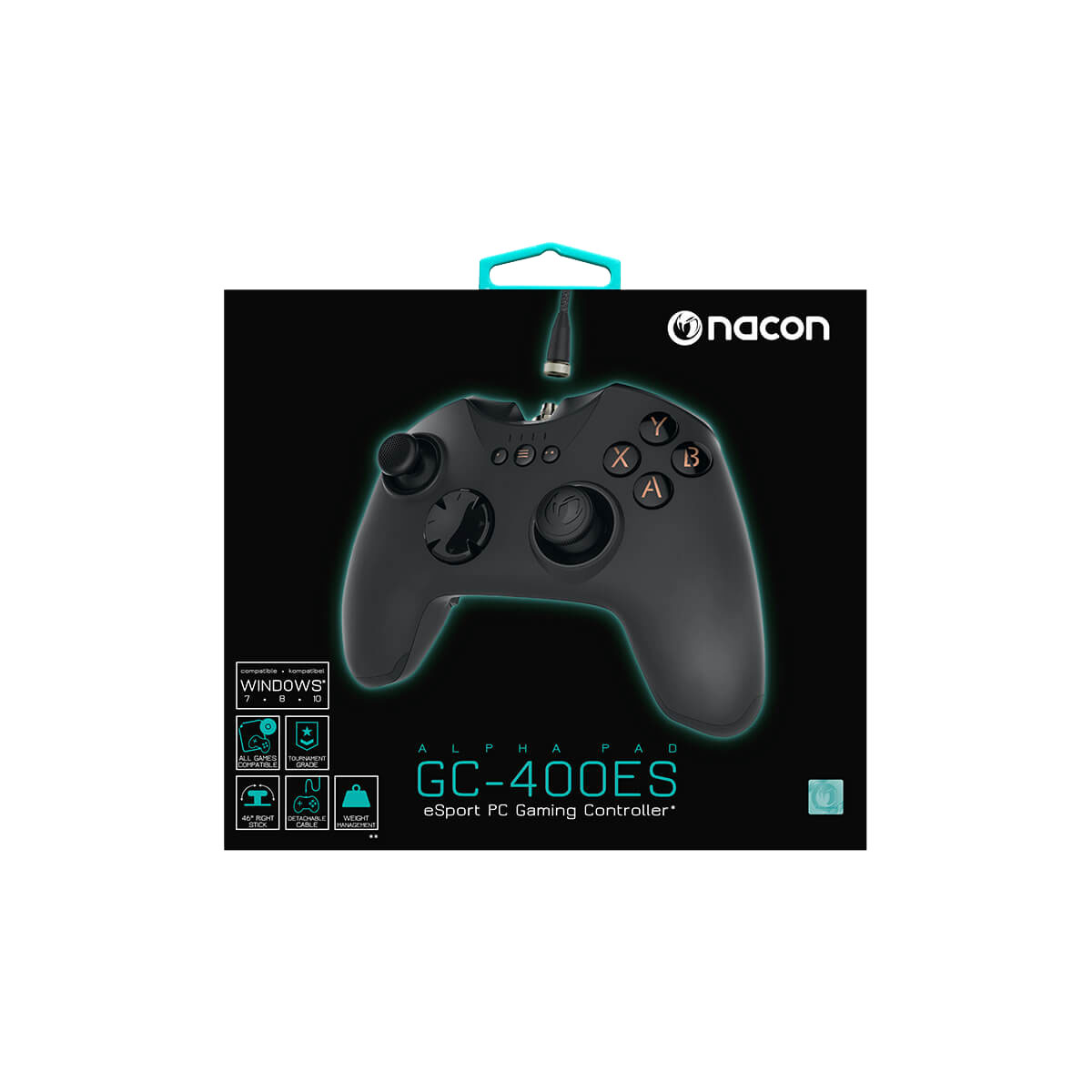 Controller di gioco nero con pulsanti e logo Nacon. È in una scatola nera.