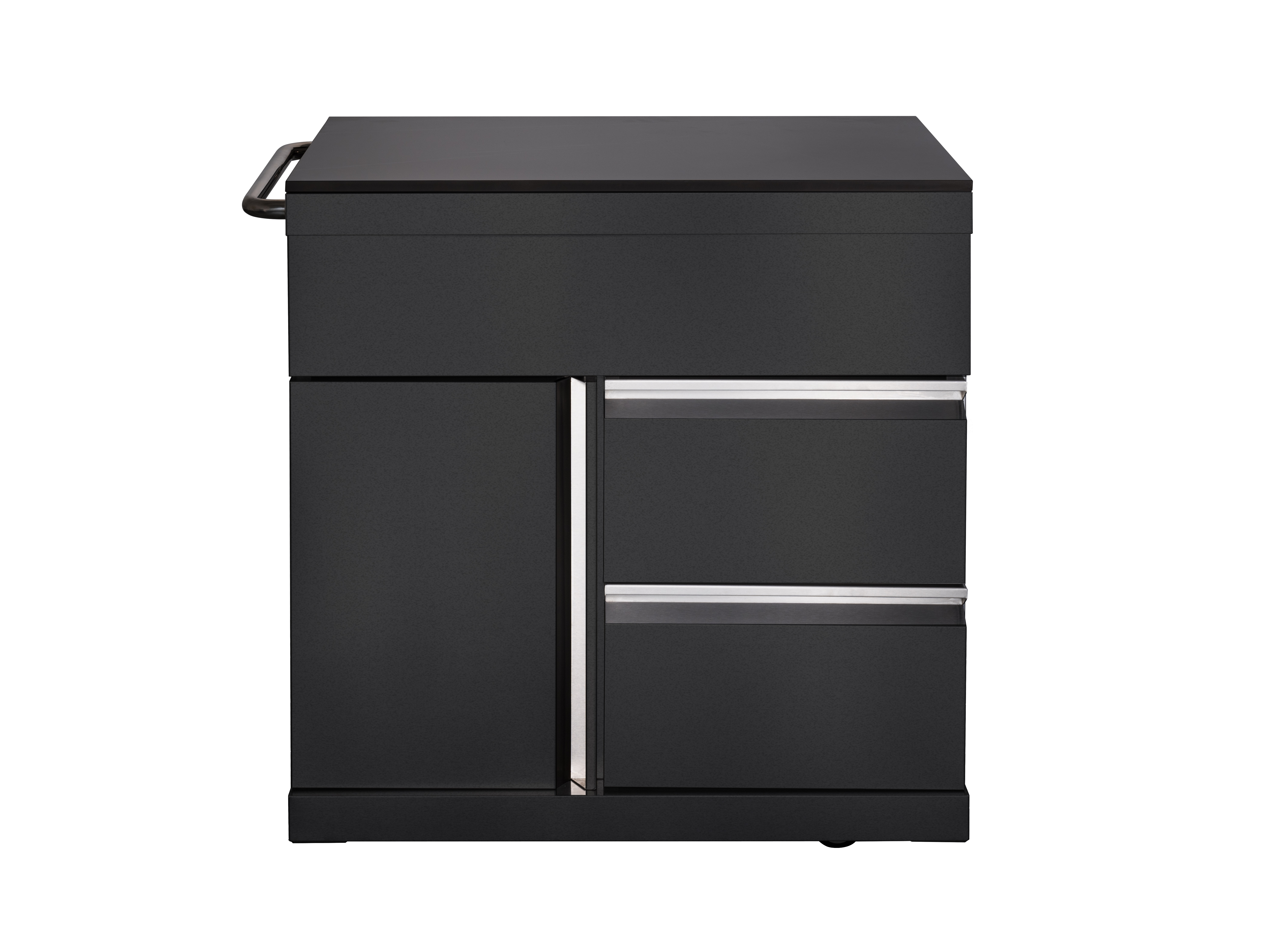 Schwarzer Schrank mit Schubladen und Griff auf weißem Hintergrund.