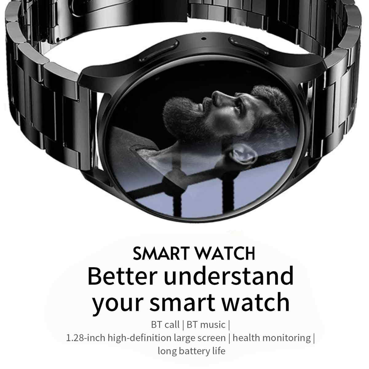 Schwarze Smartwatch mit einem Gesicht eines Mannes auf dem Bildschirm und Textüberlagerungen. Dunkler Hintergrund.
