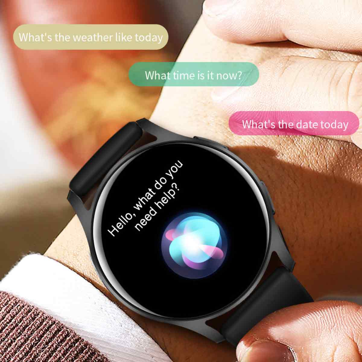 Smartwatch-Bildschirm mit einer virtuellen Assistentenoberfläche. Textblasen mit Fragen werden angezeigt.