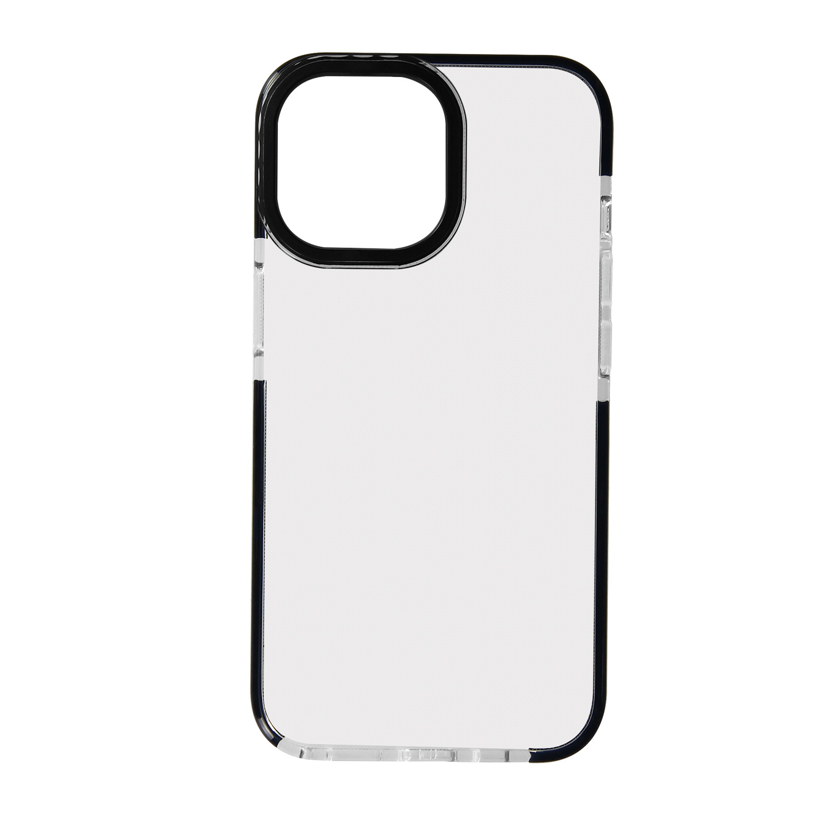 Una custodia trasparente per telefono con cornice nera e ritaglio nero per la fotocamera su sfondo bianco.