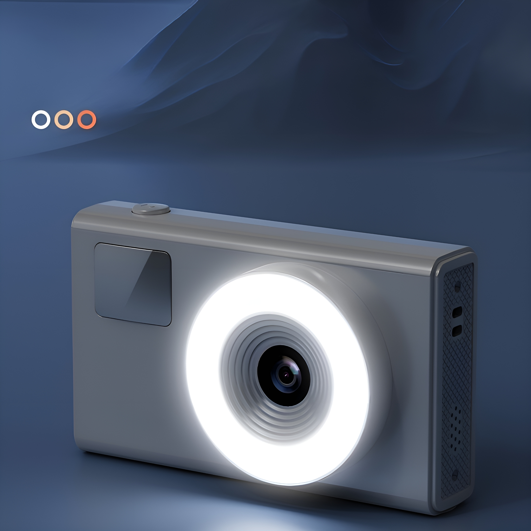 Eine graue Kamera mit Ringlicht um das Objektiv, auf blauem Hintergrund mit drei orangefarbenen Punkten.