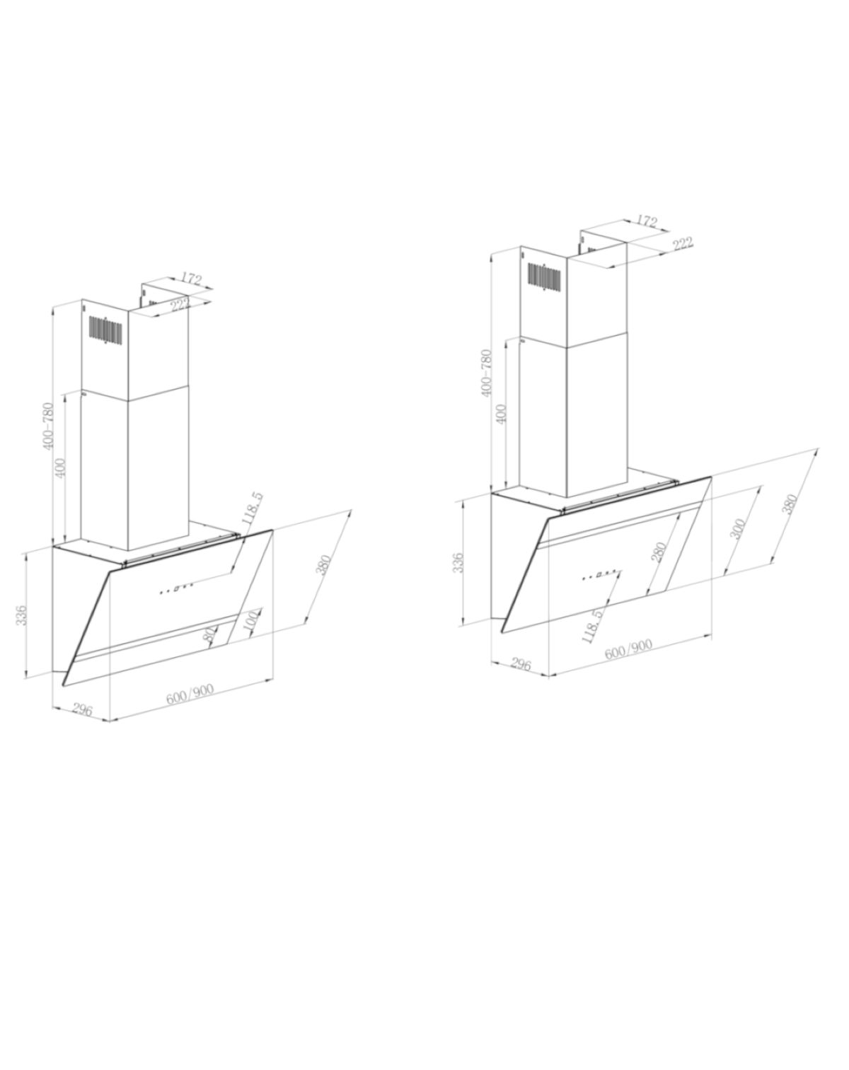 Due disegni tecnici di cappe da cucina con dimensioni. Sfondo bianco.