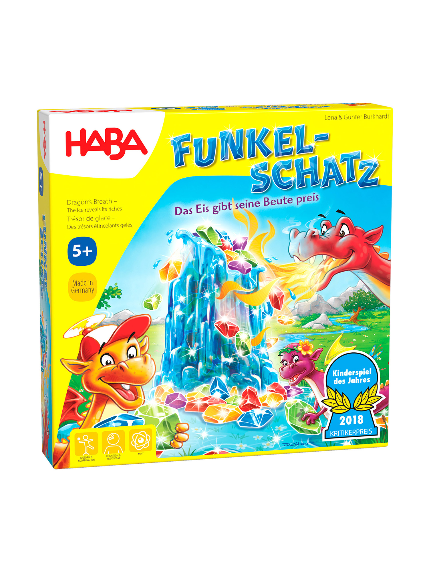 Brettspiel mit Drachen auf dem Cover. Drachen atmen Feuer vor einem Wasserfall.