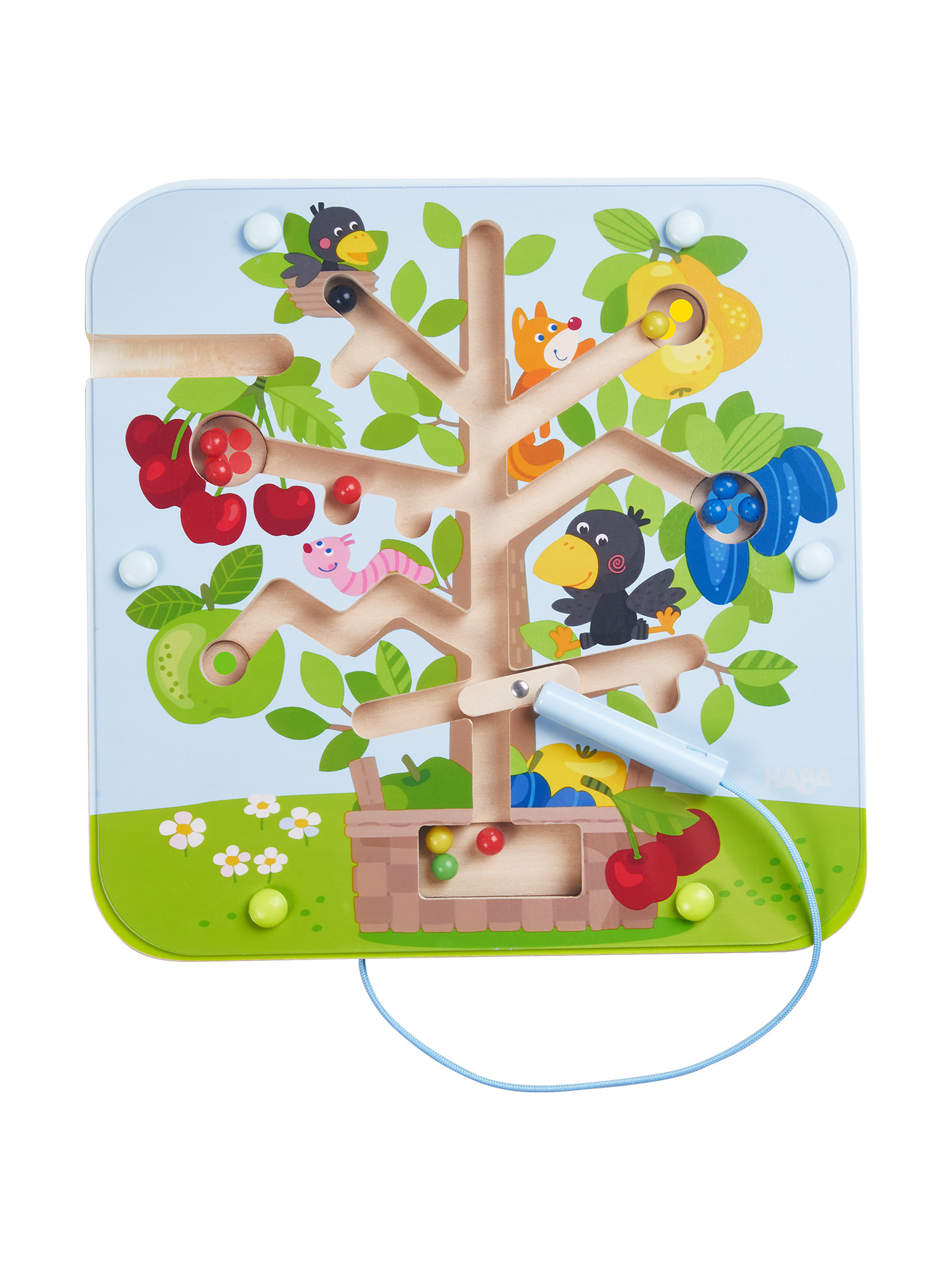 Ein hölzernes Baum-Puzzle-Spiel mit bunten Früchten, Tieren und einem Magnetstab.