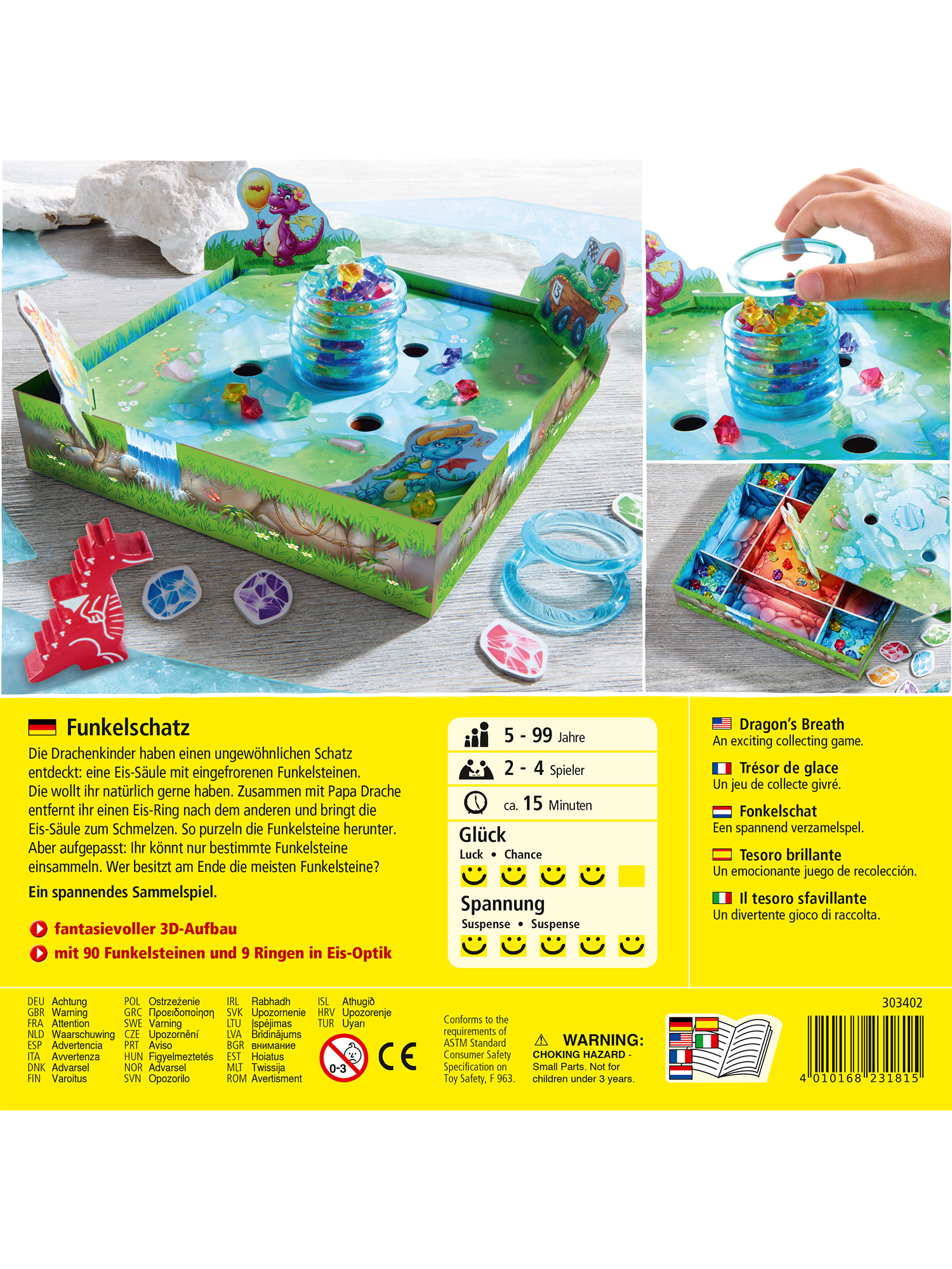 Brettspiel mit bunten Elementen. Drachenthema, mit Figuren und Würfeln. Schachtel zeigt Spieldetails.