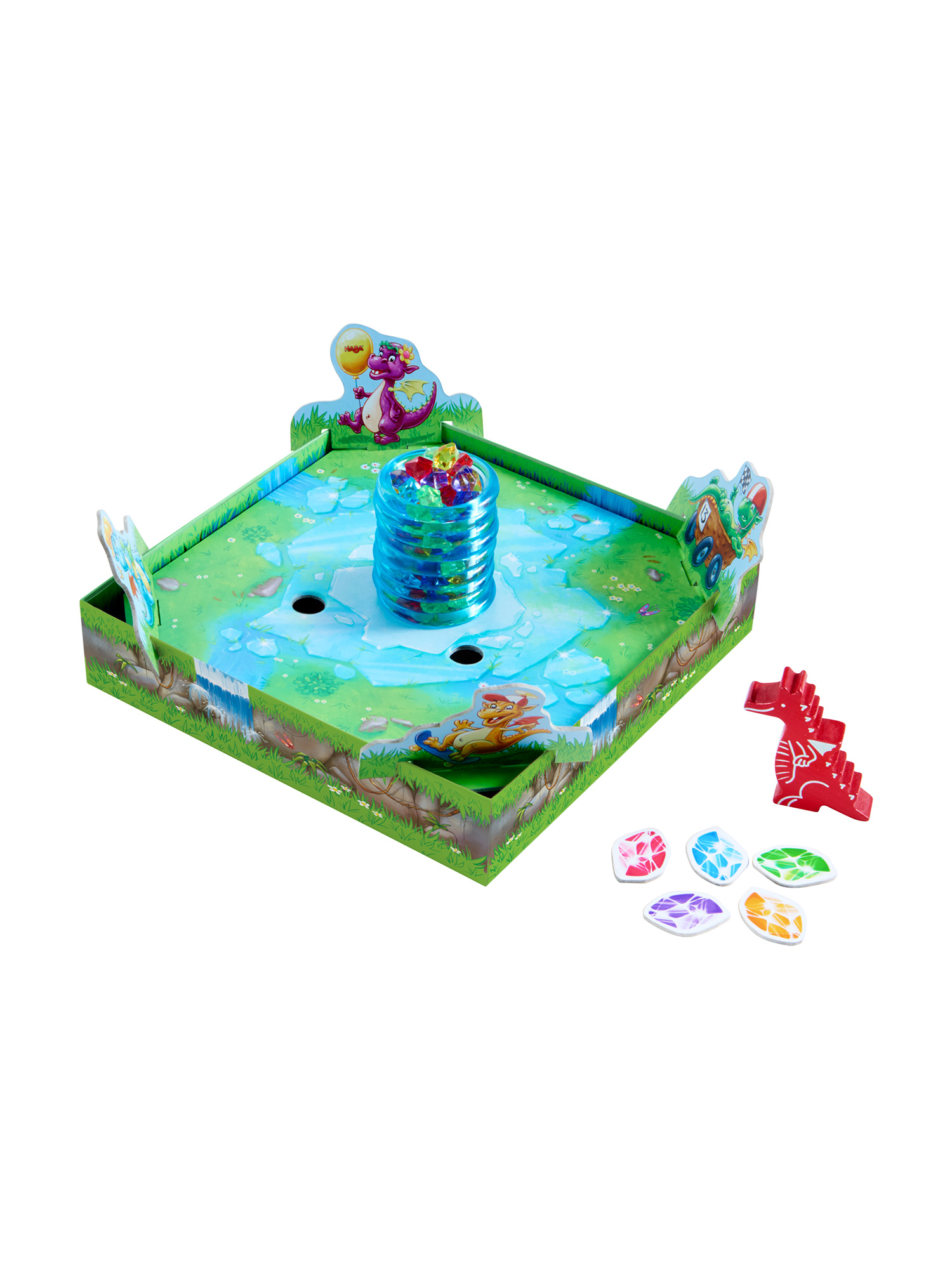 Ein Brettspiel mit bunten Teilen und einem Turm in der Mitte, mit weißem Hintergrund.