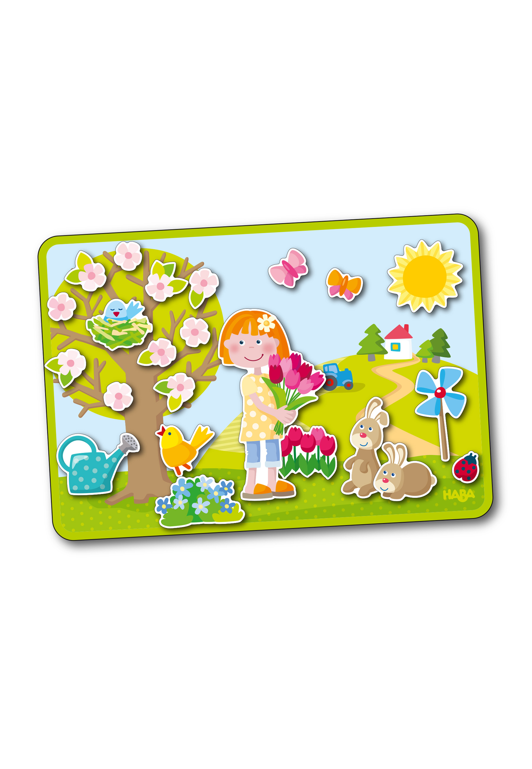 Bunte Illustration. Ein Mädchen hält Blumen. Es gibt einen Baum, Blumen, Hasen und eine Sonne.