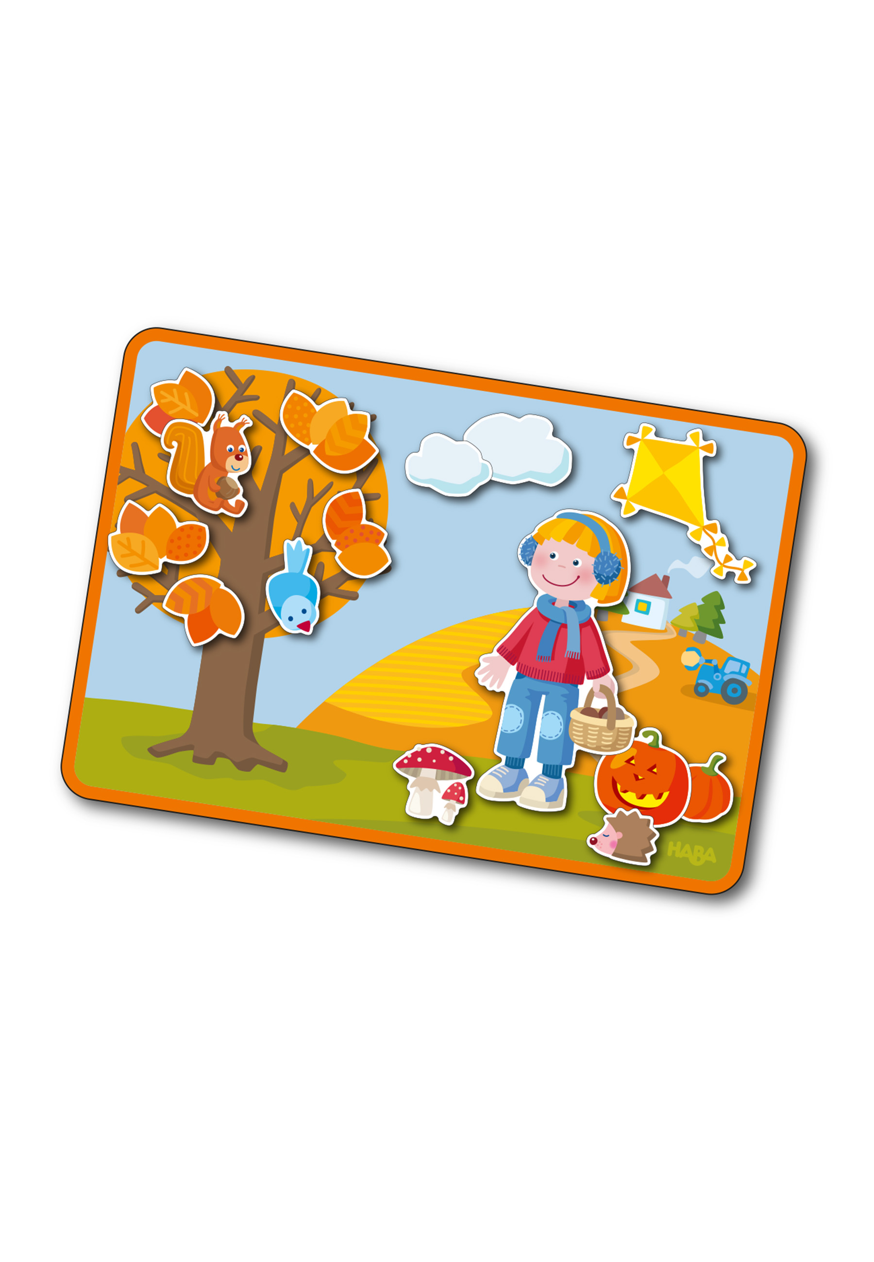 Herbst-Puzzle für Kinder mit Baum, Junge, Eichhörnchen, Drachen, Kürbis und weiteren Elementen.