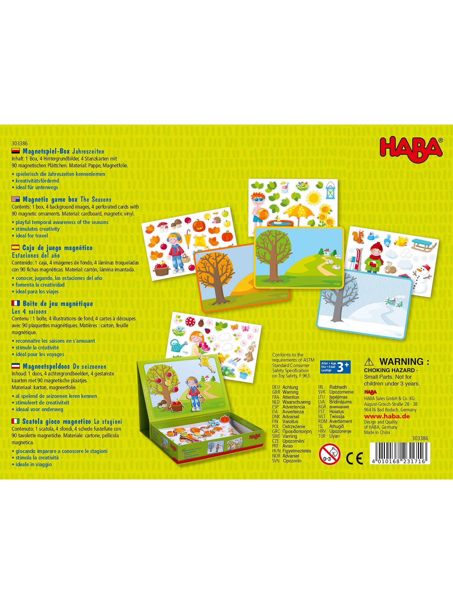 Eine Spielbox mit Illustrationen von Jahreszeiten. Die Box zeigt Bilder von einem Baum und saisonalen Artikeln.