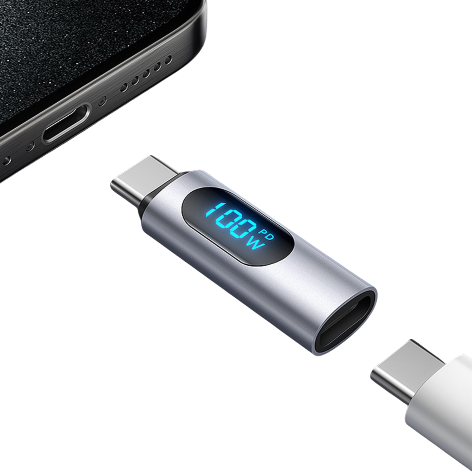 Silbernes USB-C-Ladegerät mit digitaler Anzeige 100W.