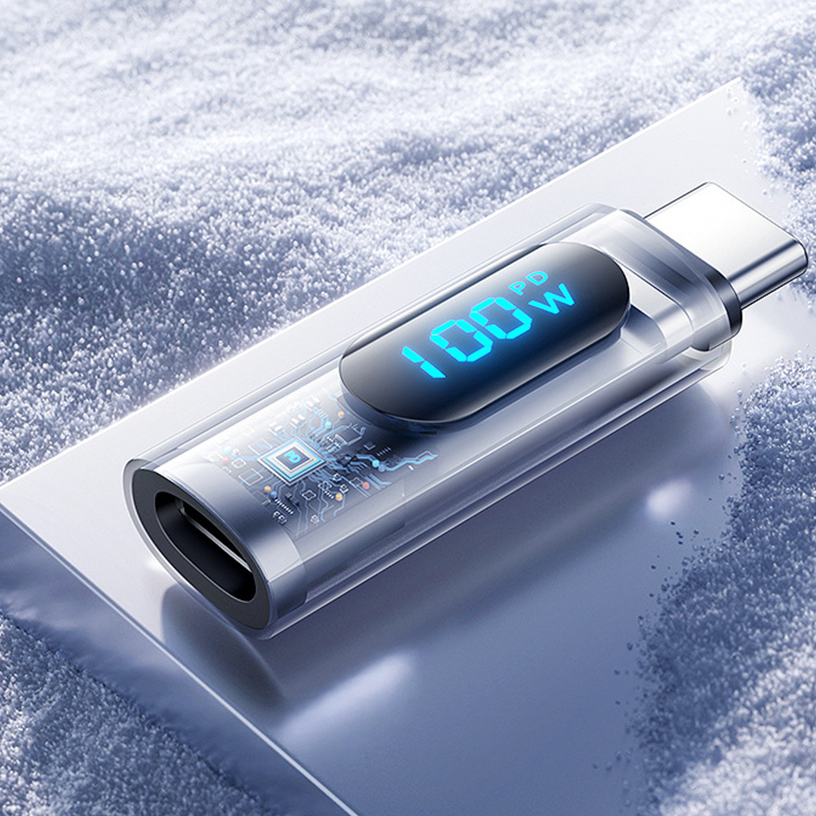 Transparenter USB-C-Lader mit Bildschirm, der 100W und eine Leiterplatte anzeigt.
