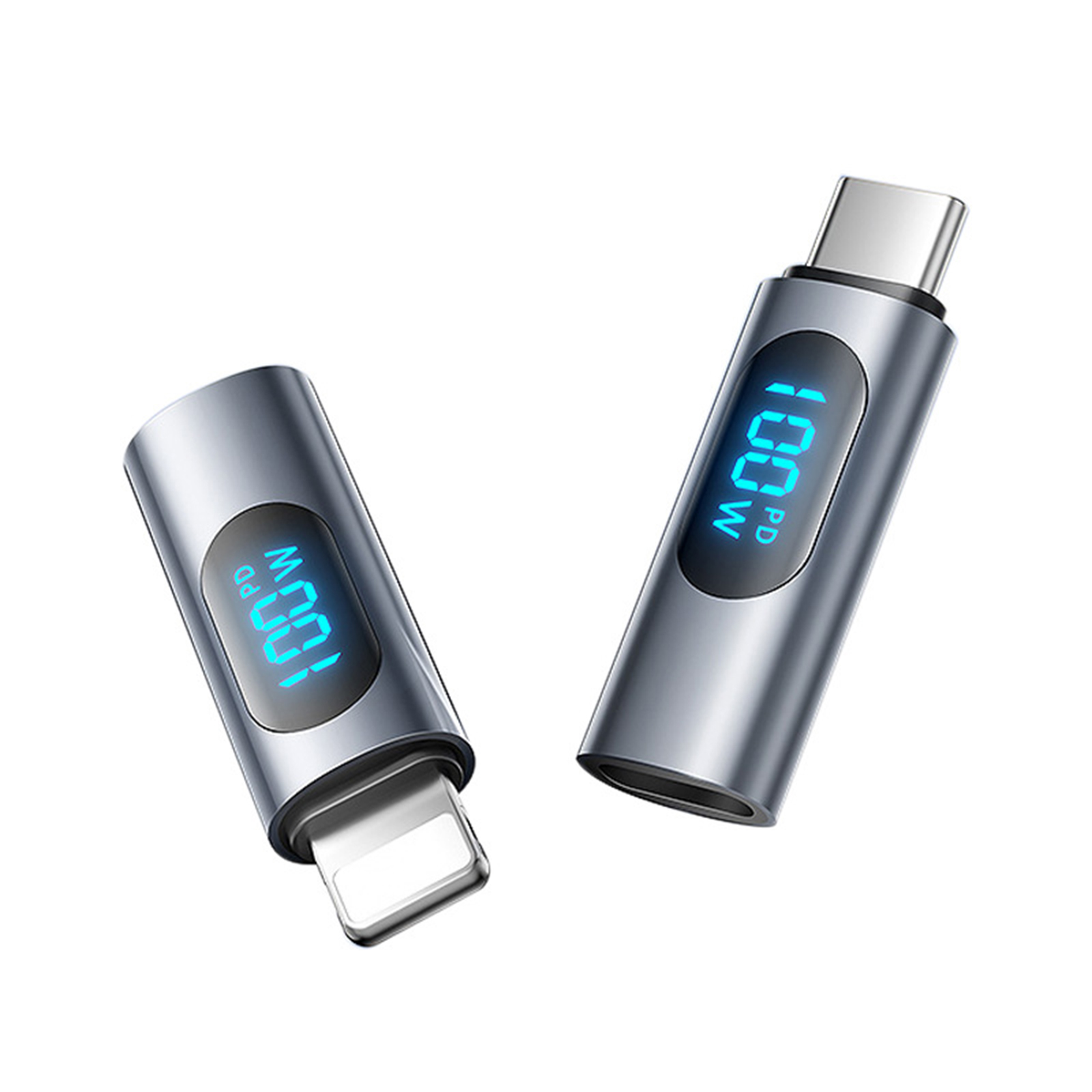 Zwei graue USB-C-Adapter mit 100W-Anzeige. Einer hat einen Apple-Anschluss.